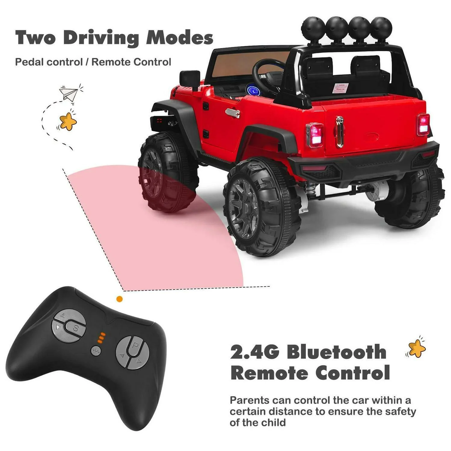 2-Seater Battery-Powered Jeep Car for Kids with Parental Remote Control - Red - Image 9