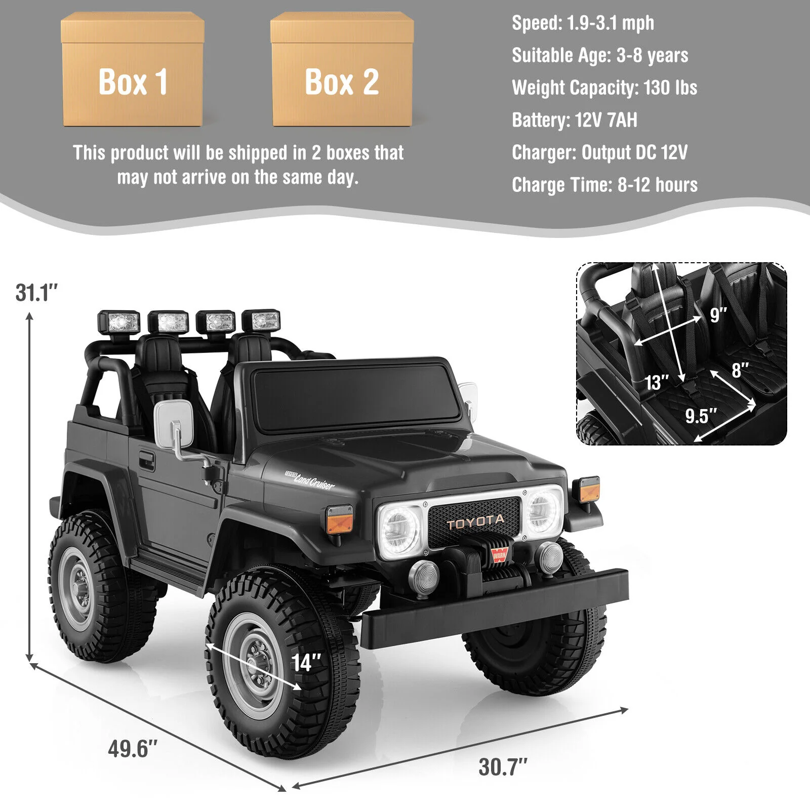 2-Seater Black Battery Powered Ride-On Car with 3-Point Seat Belts and Doors - 12V - Image 2