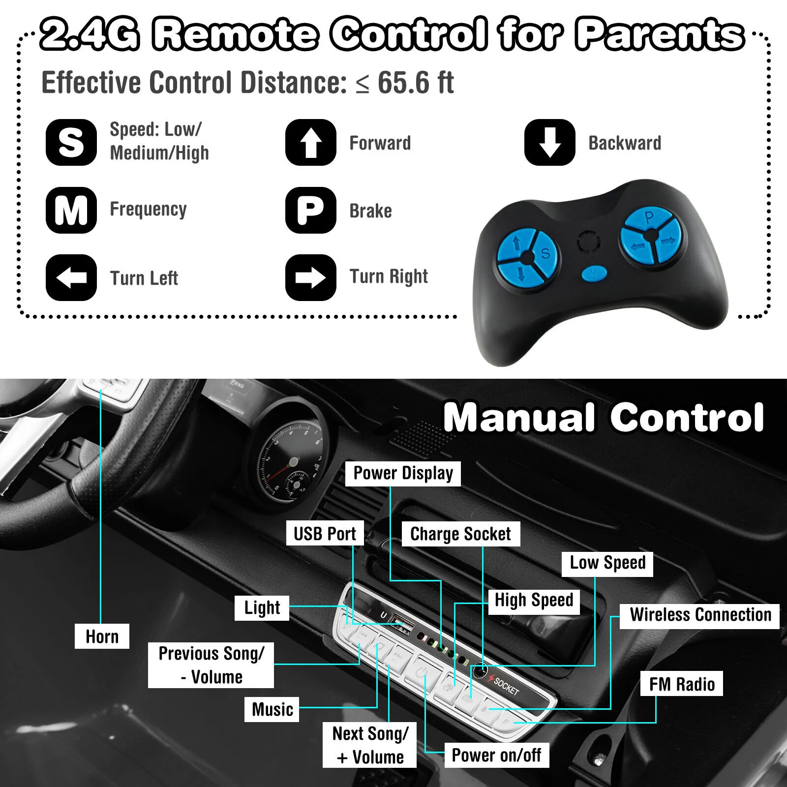 2-Seater Black Battery Powered Ride-On Car with 3-Point Seat Belts and Doors - 12V - Image 4