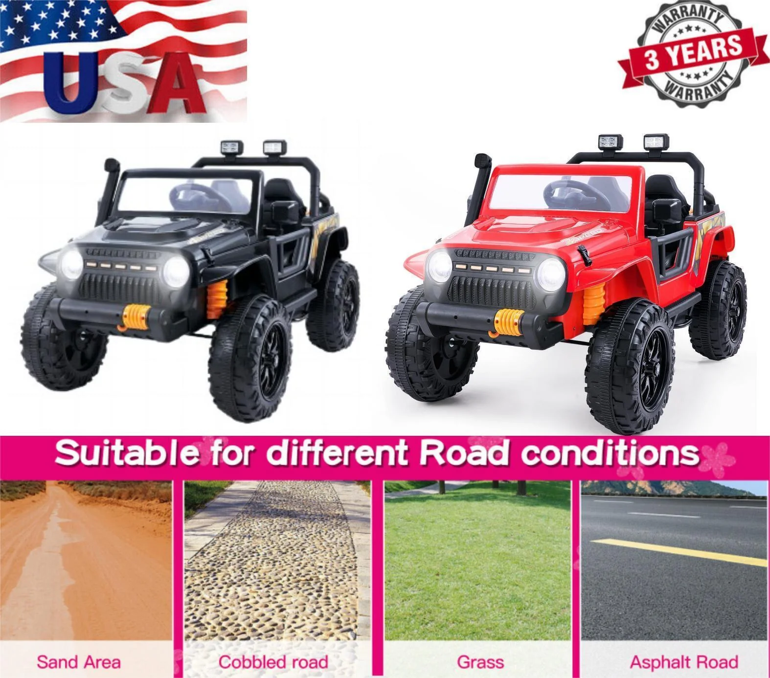 2-Seater Electric Ride-On Jeep with LED Lights, Bluetooth, and FM Radio for Kids (12V) - Image 3