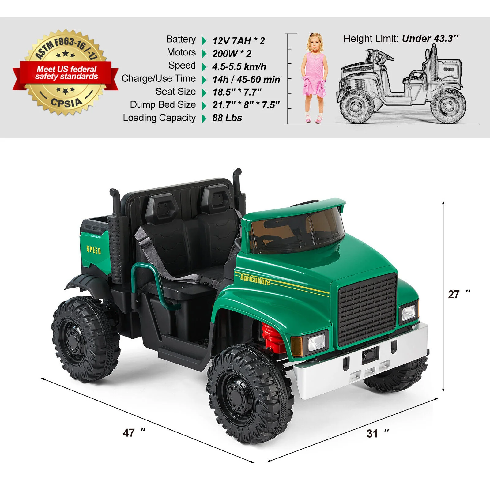 2-Seater Electric Ride-On Tractor with Dump Bed and 3-Speed RC - 24V Battery Powered Toy Car - Image 3