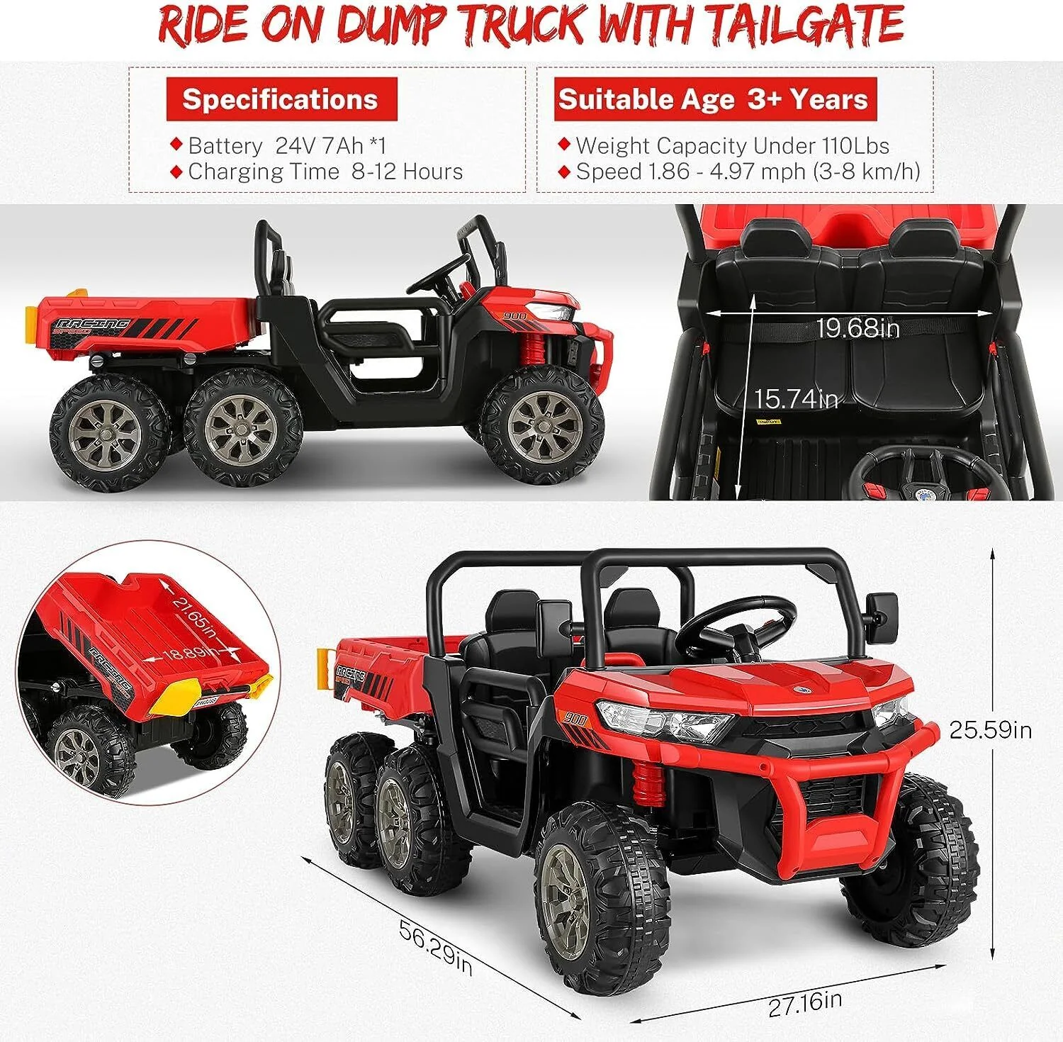 2-Seater Electric Ride-On Truck with Dump Bed and Remote Control - 24V - Image 32
