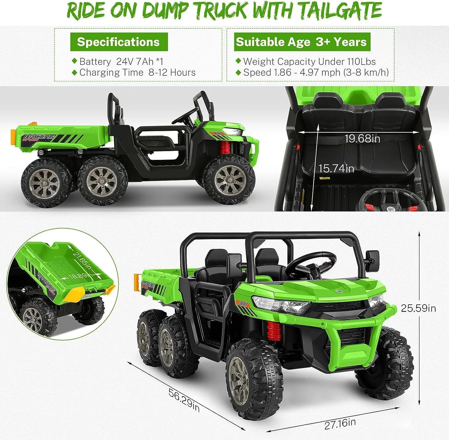 2-Seater Electric Truck Tractor for Kids with Dump Bed and 3 Speeds - 24V - Image 53