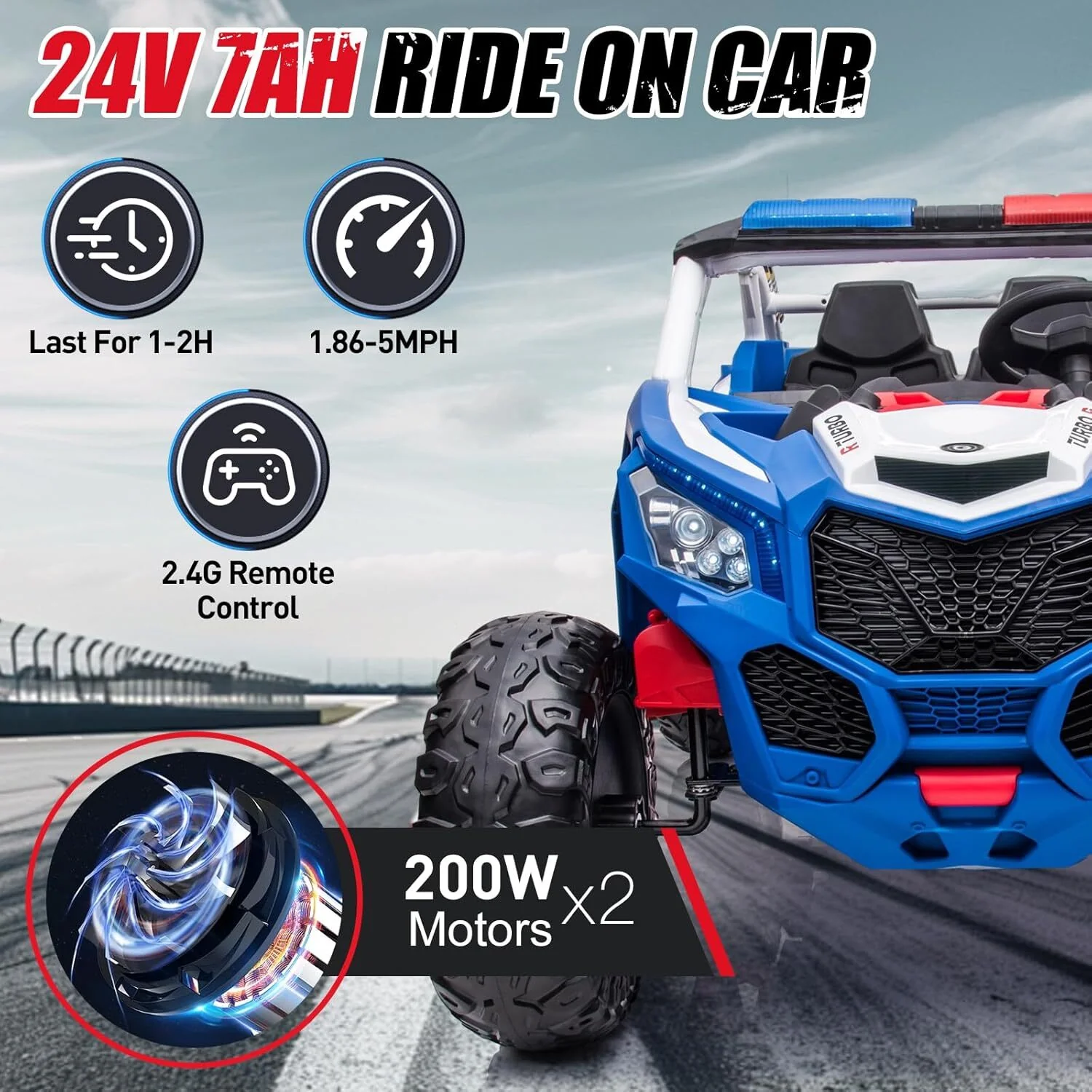 2-Seater Kids Electric UTV 24V with Power Wheels, LED Lights, and Music in Blue - Image 10