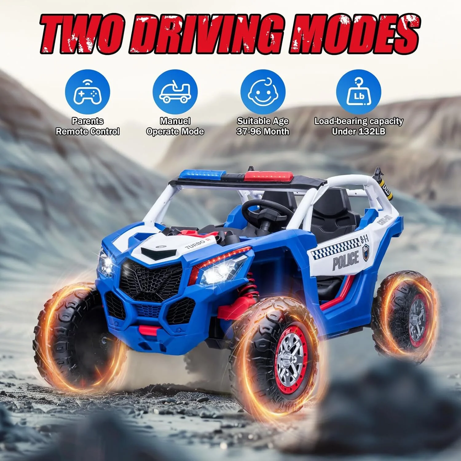 2-Seater Kids Electric UTV 24V with Power Wheels, LED Lights, and Music in Blue - Image 11