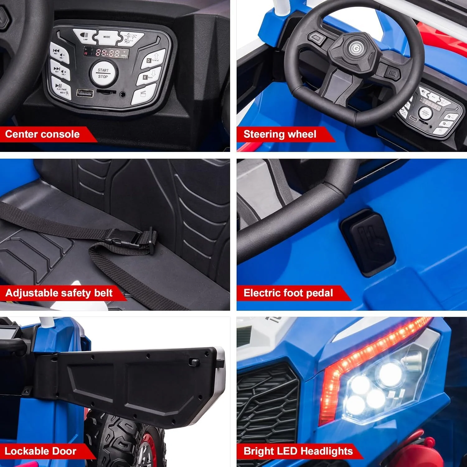 2-Seater Kids Electric UTV 24V with Power Wheels, LED Lights, and Music in Blue - Image 14