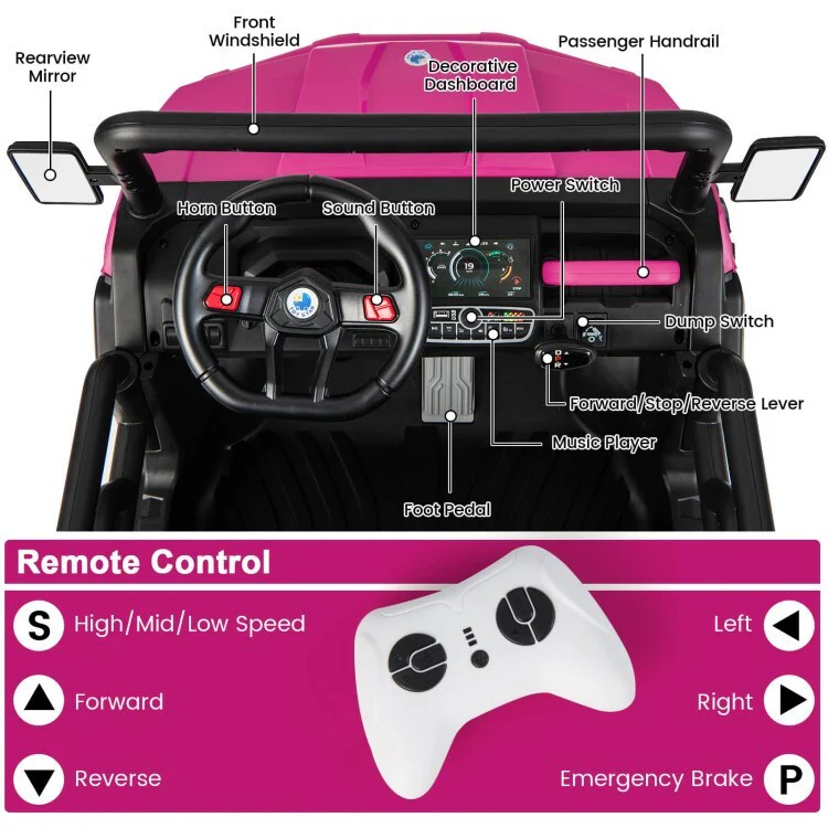 2-Seater Kids Ride-On Pink UTV Dump Truck with Remote Control, Dump Bed, and Shovel - Image 9