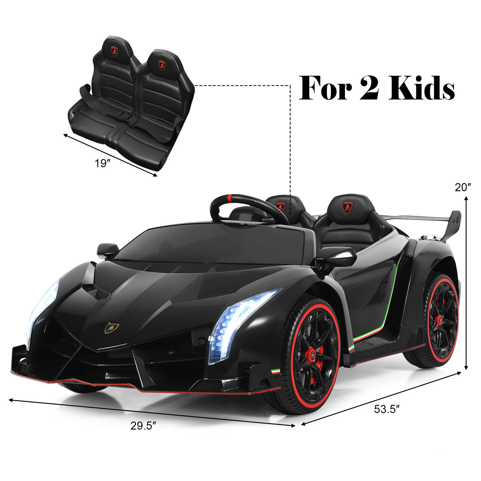 2-Seater Licensed Lamborghini Kids Ride On Car with RC and Swing Function - Black (12V) - Image 2