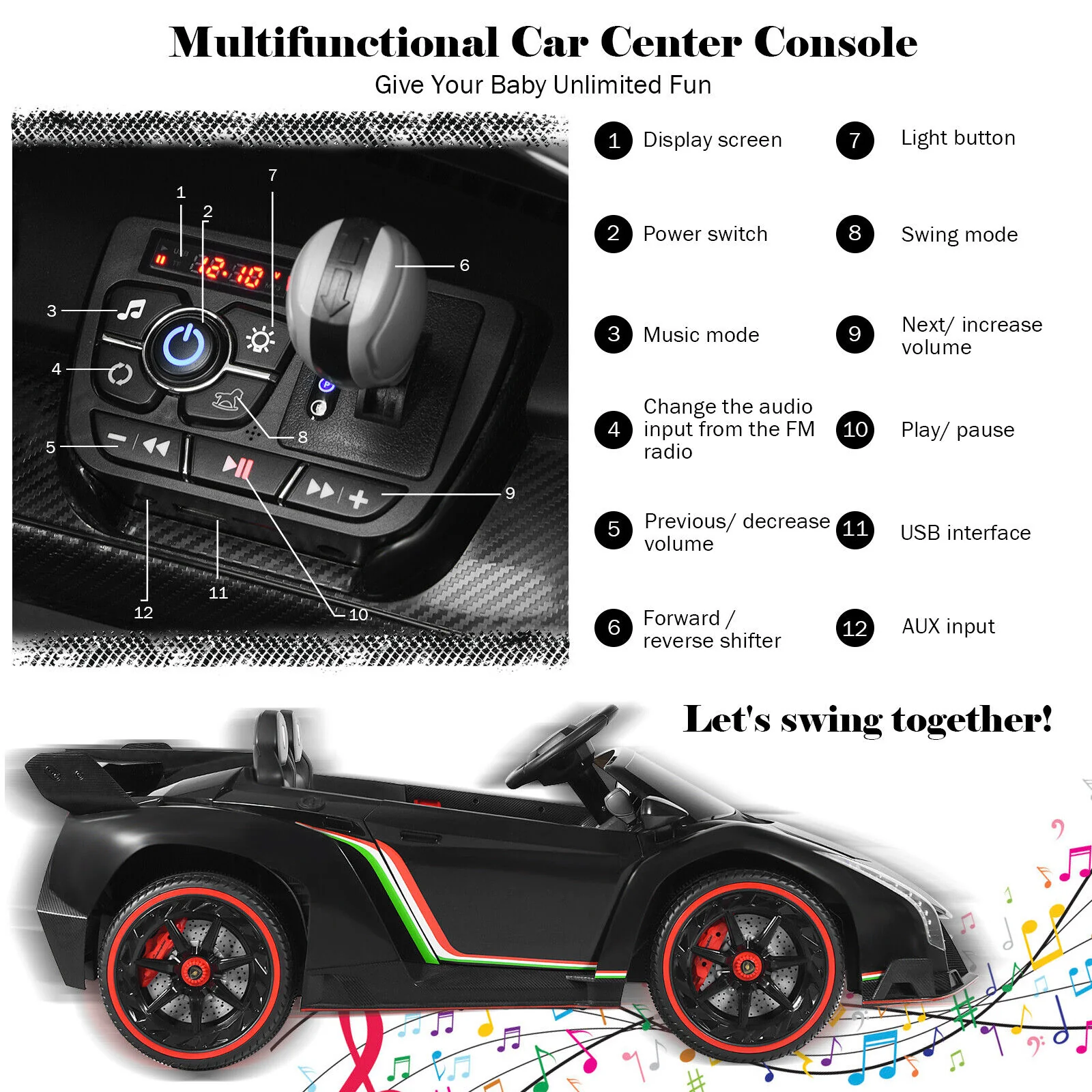 2-Seater Licensed Lamborghini Kids Ride On Car with RC and Swing Function - Black (12V) - Image 6