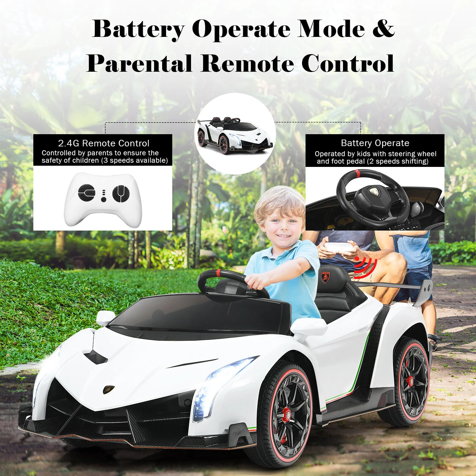 2-Seater Licensed Lamborghini Kids Ride On Car with RC and Swing Function - White (12V) - Image 10