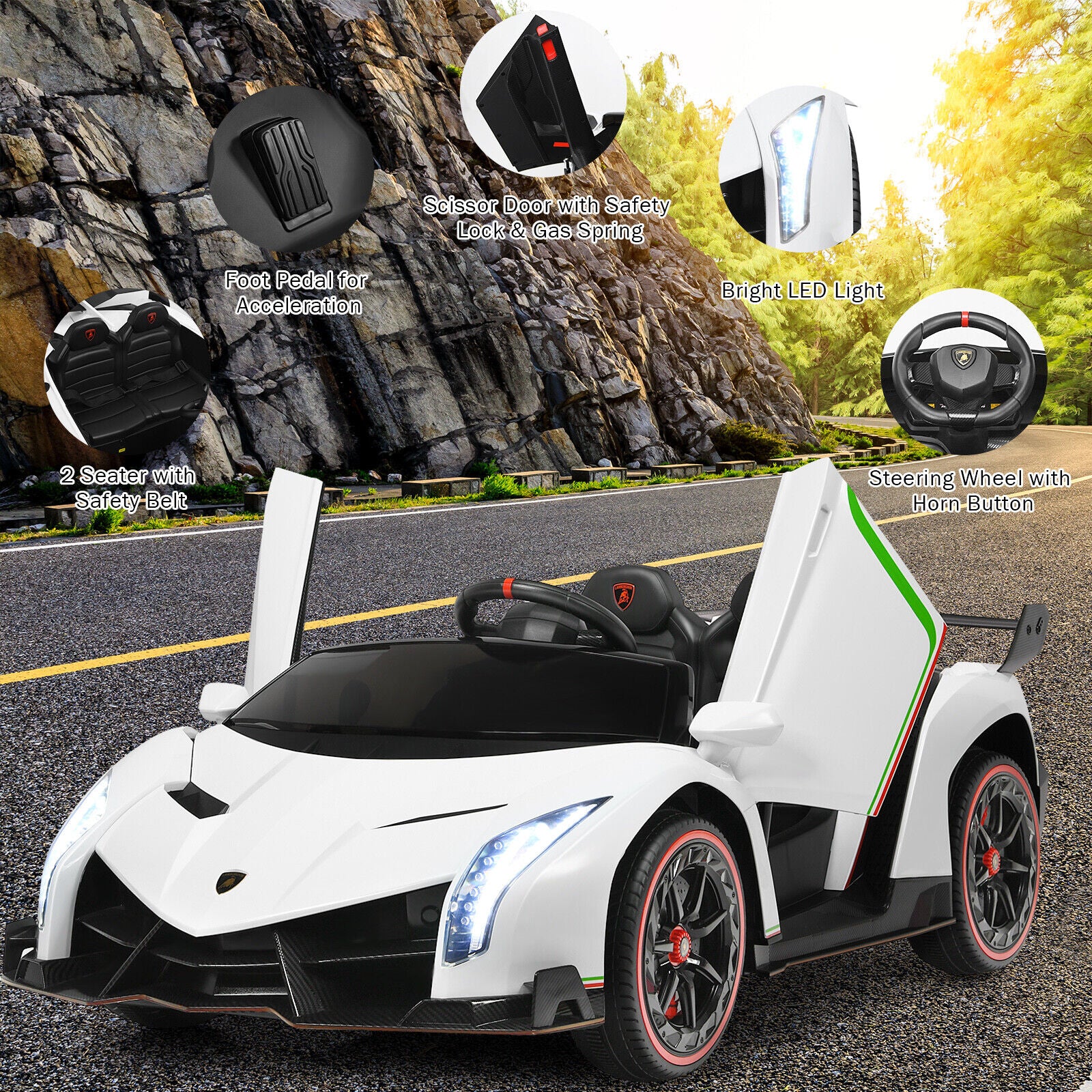 2-Seater Licensed Lamborghini Kids Ride On Car with RC and Swing Function - White (12V) - Image 9