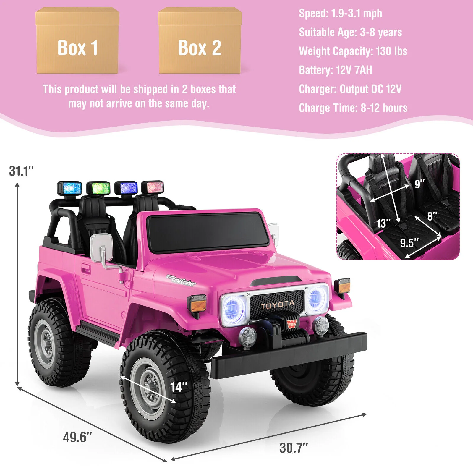 2-Seater Pink Battery Powered Ride-On Car with 3-Point Seat Belts and Doors - 12V - Image 2