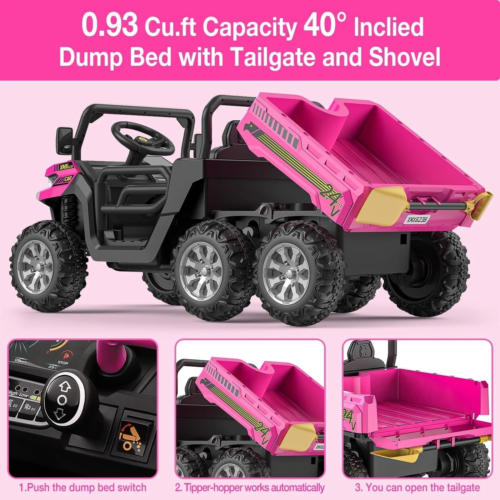 2-Seater 6x6 24V Kids Ride-On Dump Truck with Remote Control - Image 5