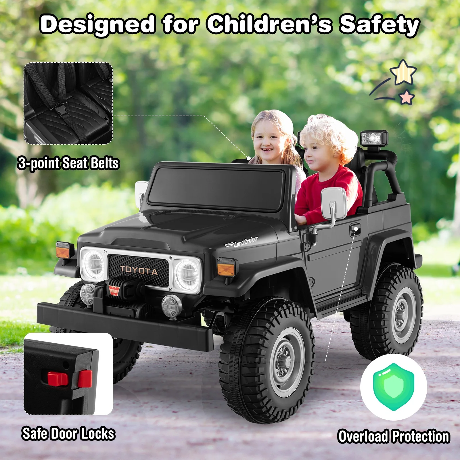 2-Seater 12V Ride-On RC Truck Car with Laser Light and Music Licensed Toyota FJ40 - Image 5