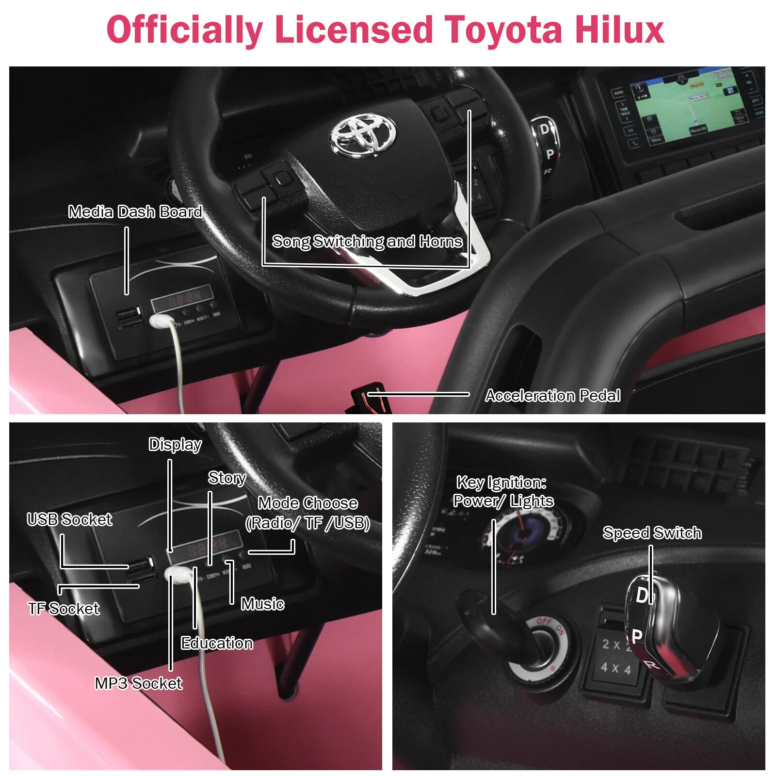 2-Seater Toyota Hilux Ride On Truck Car with Remote Control - Pink - Image 8