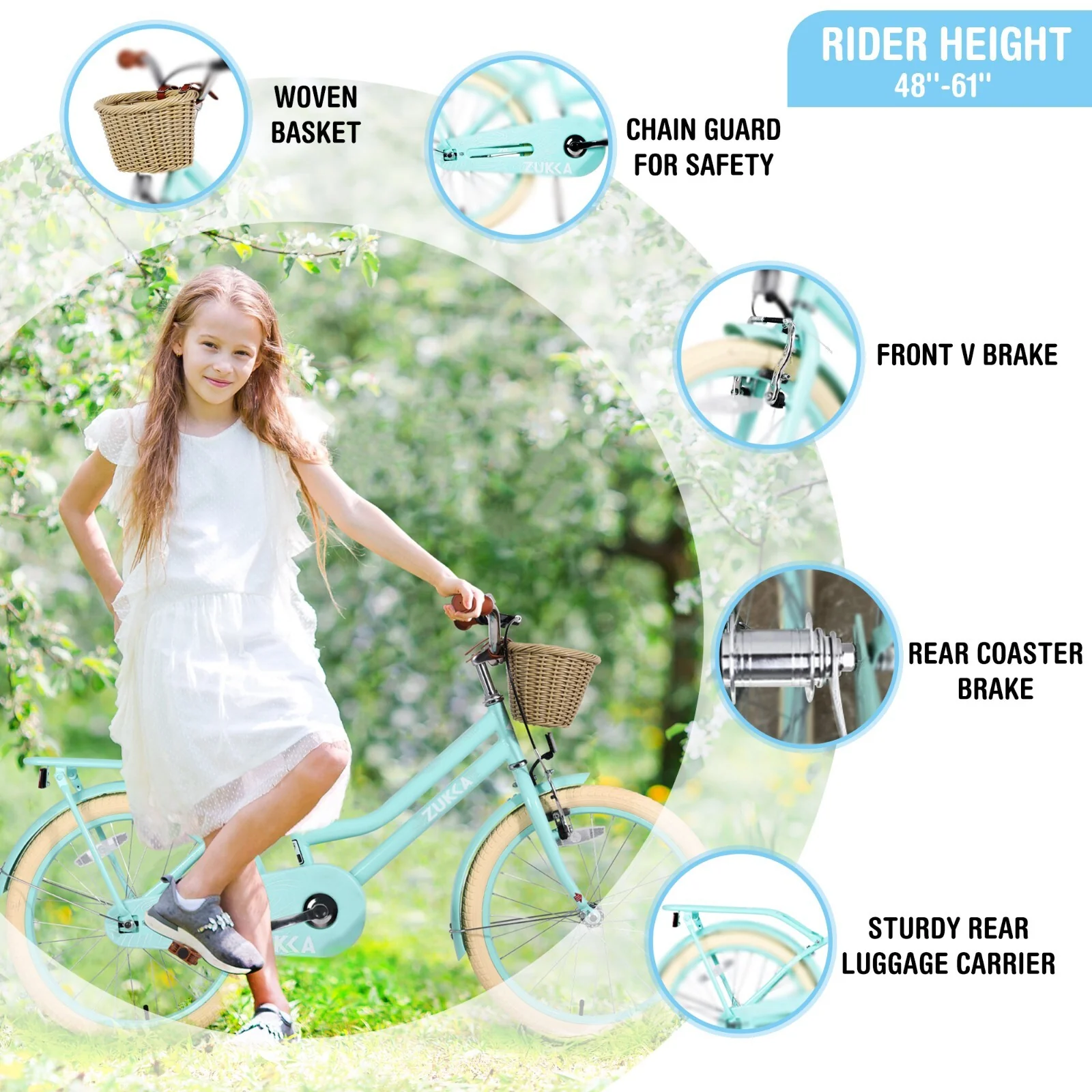 20-Inch Single Speed Girls Bike with Woven Basket for Ages 7-10, Green - Image 3
