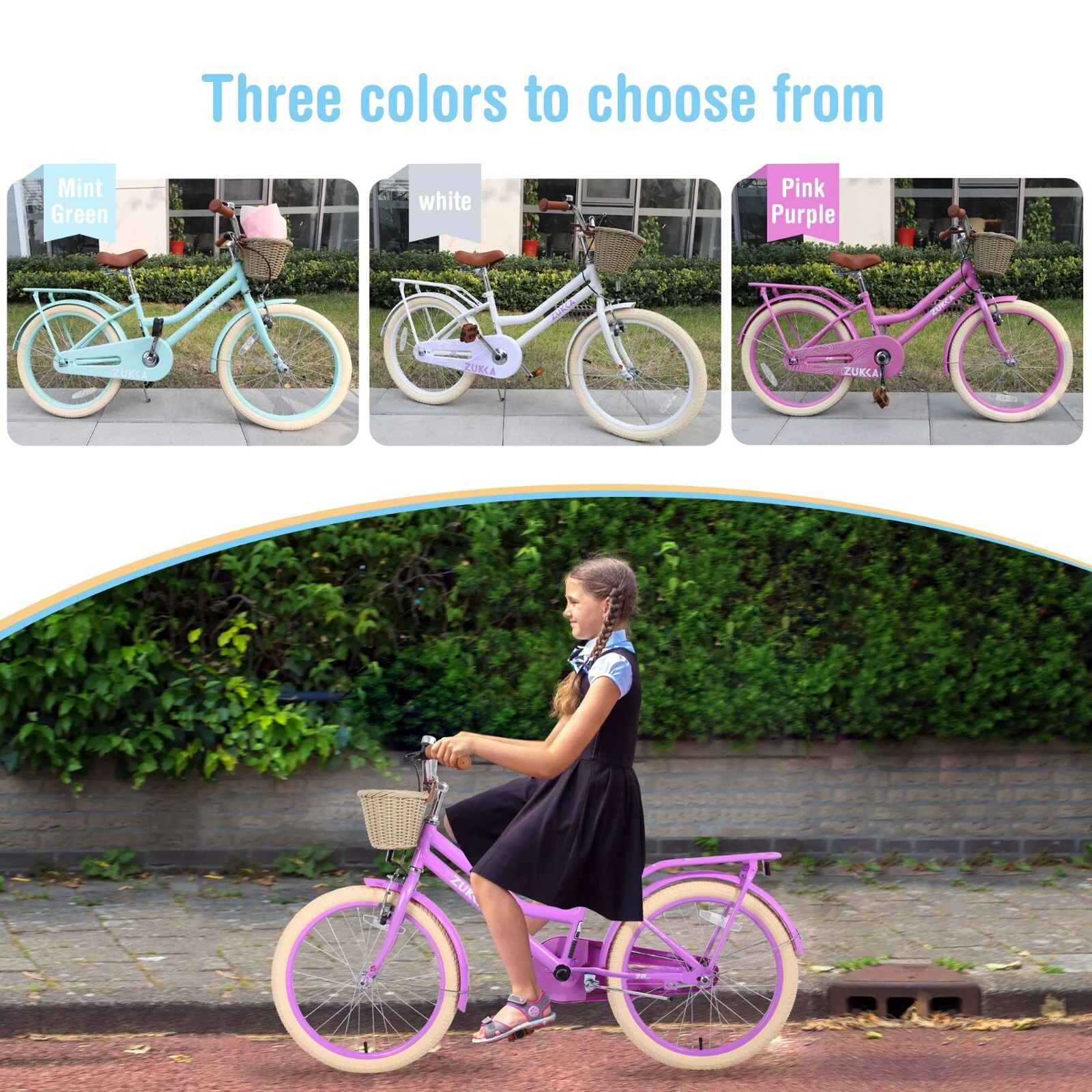 20-inch Purple Kids Bike with Woven Basket for Girls Ages 7-10, Single-Speed - Image 2