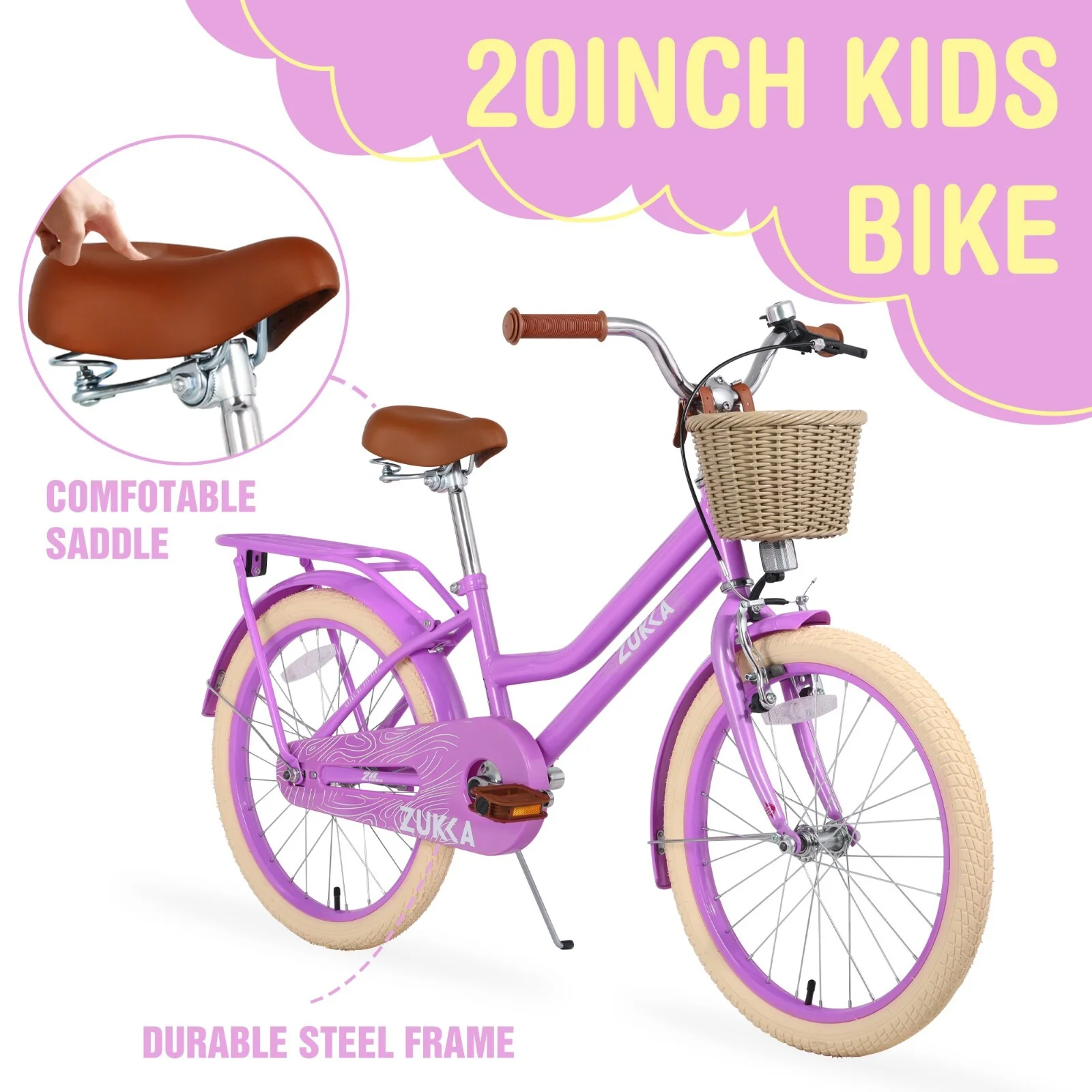 20-inch Purple Kids Bike with Woven Basket for Girls Ages 7-10, Single-Speed - Image 3