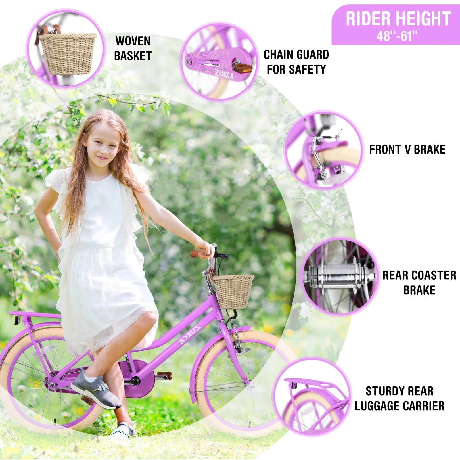 20-inch Purple Kids Bike with Woven Basket for Girls Ages 7-10, Single-Speed - Image 4