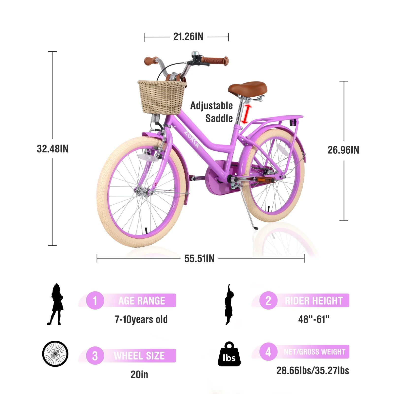 20-inch Purple Kids Bike with Woven Basket for Girls Ages 7-10, Single-Speed - Image 6