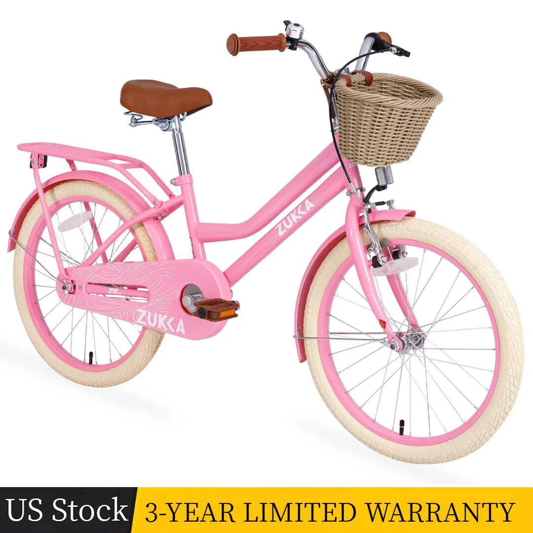 20" Kids Bike with Woven Basket for Girls Ages 7-10 Single Speed Pink