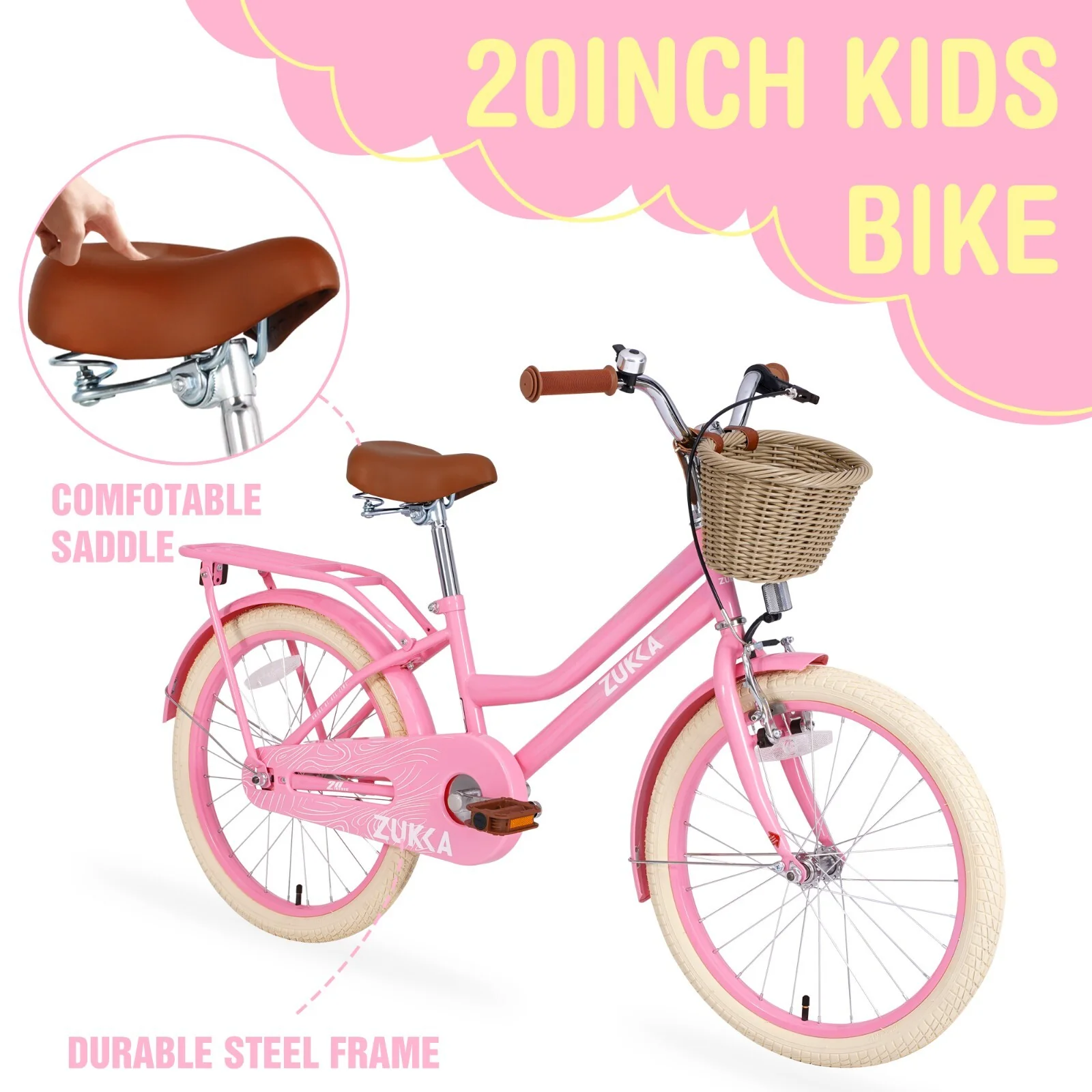20" Kids Bike with Woven Basket for Girls Ages 7-10 Single Speed Pink - Image 3