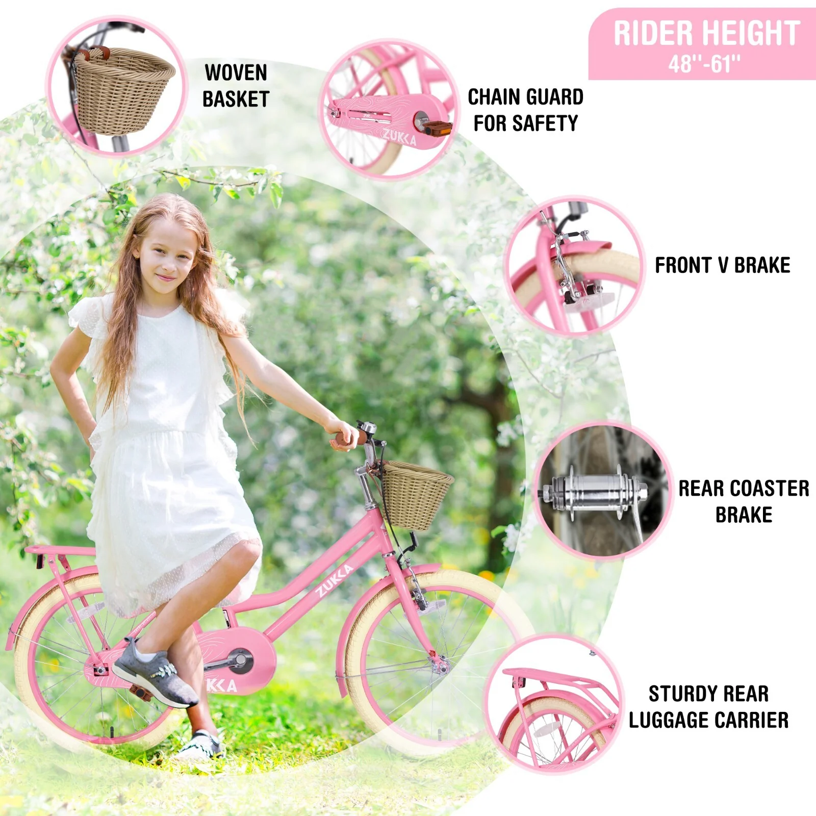 20" Kids Bike with Woven Basket for Girls Ages 7-10 Single Speed Pink - Image 4