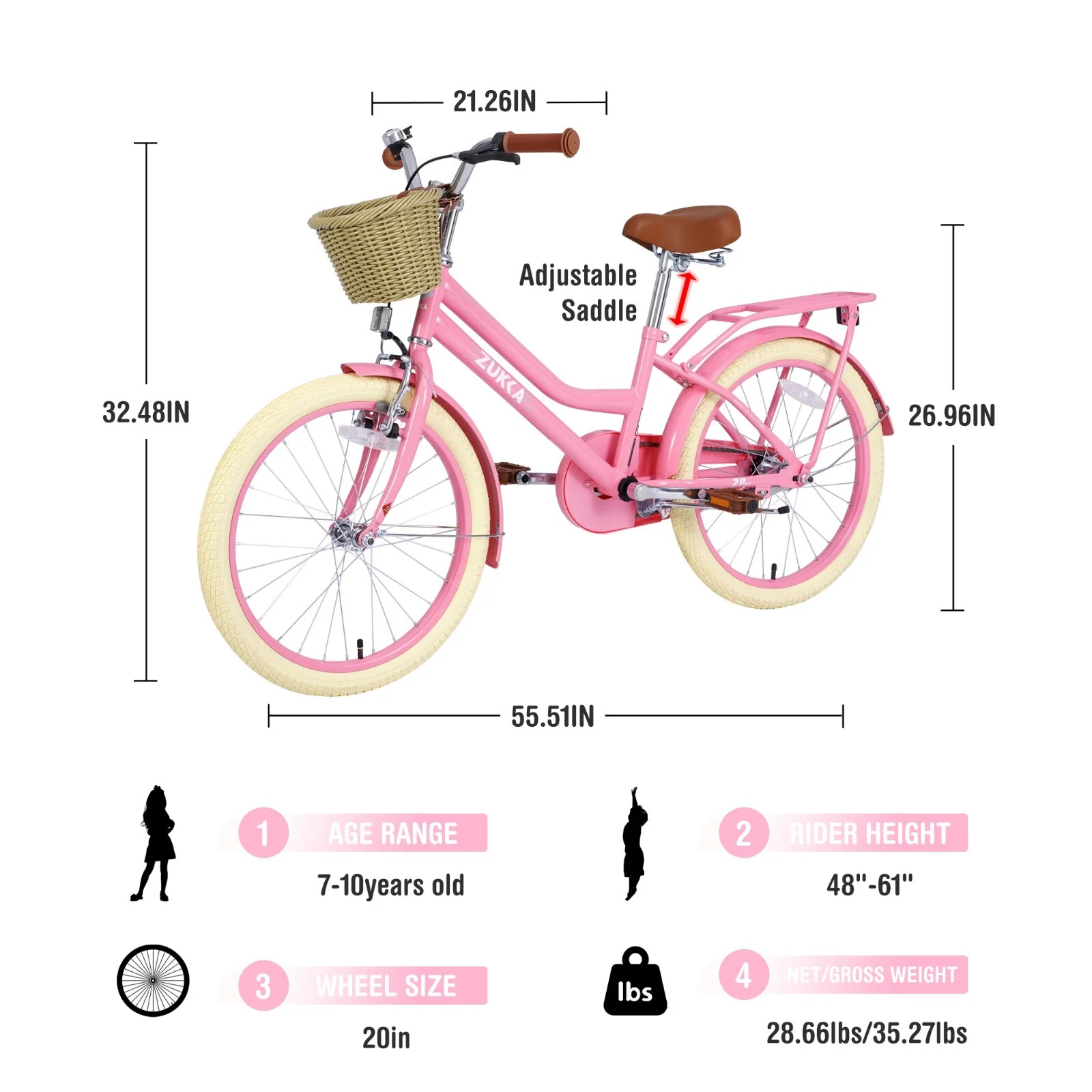 20" Kids Bike with Woven Basket for Girls Ages 7-10 Single Speed Pink - Image 5
