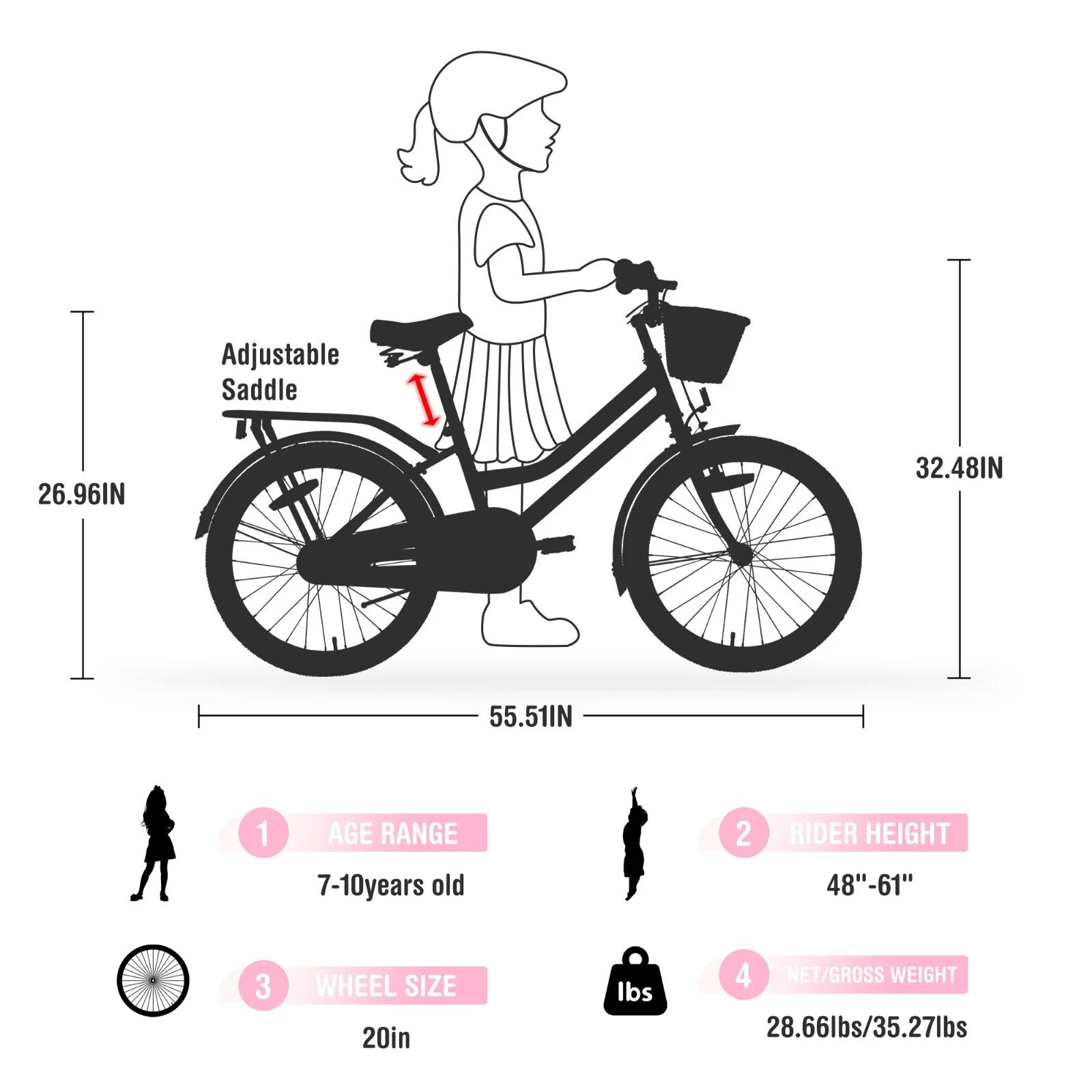 20" Kids Bike with Woven Basket for Girls Ages 7-10 Single Speed Pink - Image 7