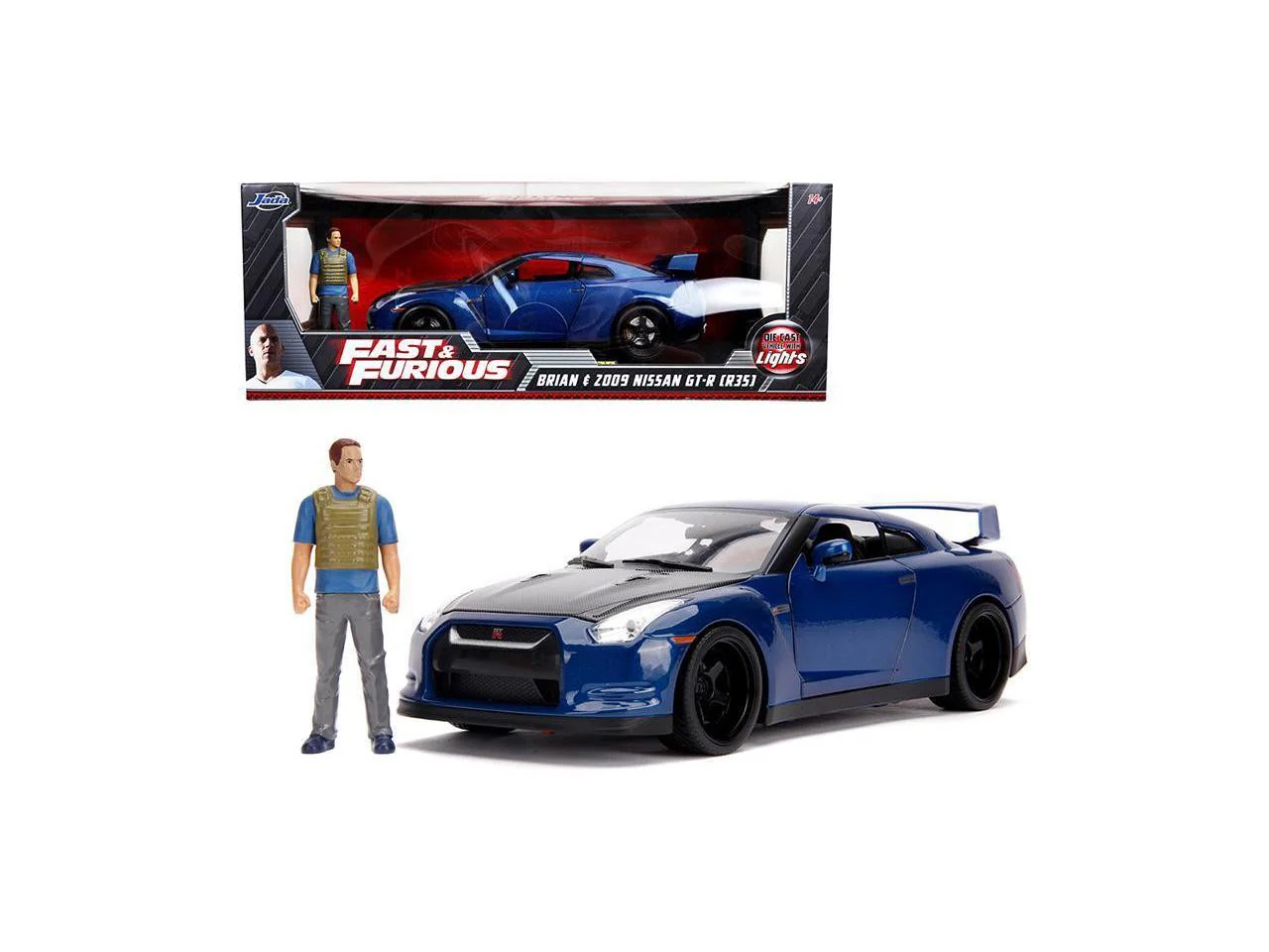 2009 Nissan GT-R R35 Blue Metallic and Carbon Model with Lights and Brian Figurine