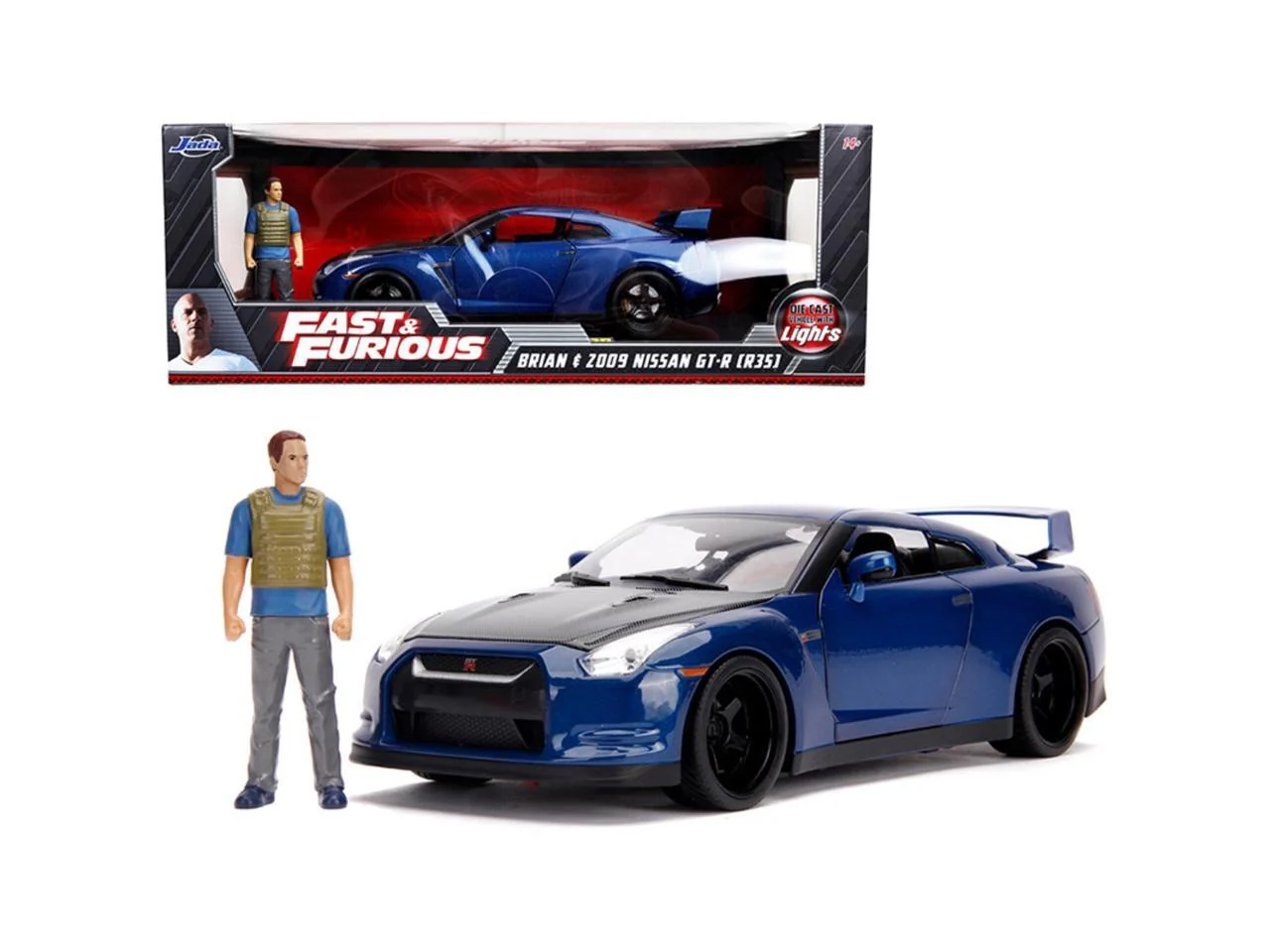 2009 Nissan GT-R R35 Blue Metallic and Carbon Model with Lights and Brian Figurine - Image 2