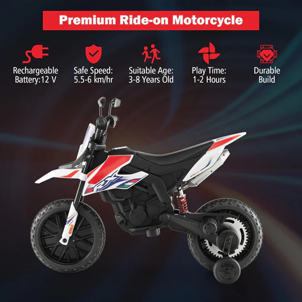 12V Electric Kids Off-Road Dirt Bike with Training Wheels and Music Features - Image 3