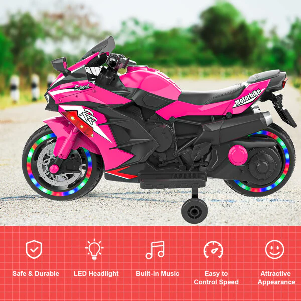 12V Electric Kids Ride-On Dirt Bike with Training Wheels, Lights, and Music