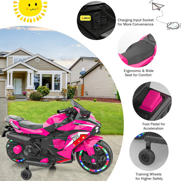 12V Pink Kids Electric Ride-On Dirt Bike with Training Wheels and Lights - Image 2