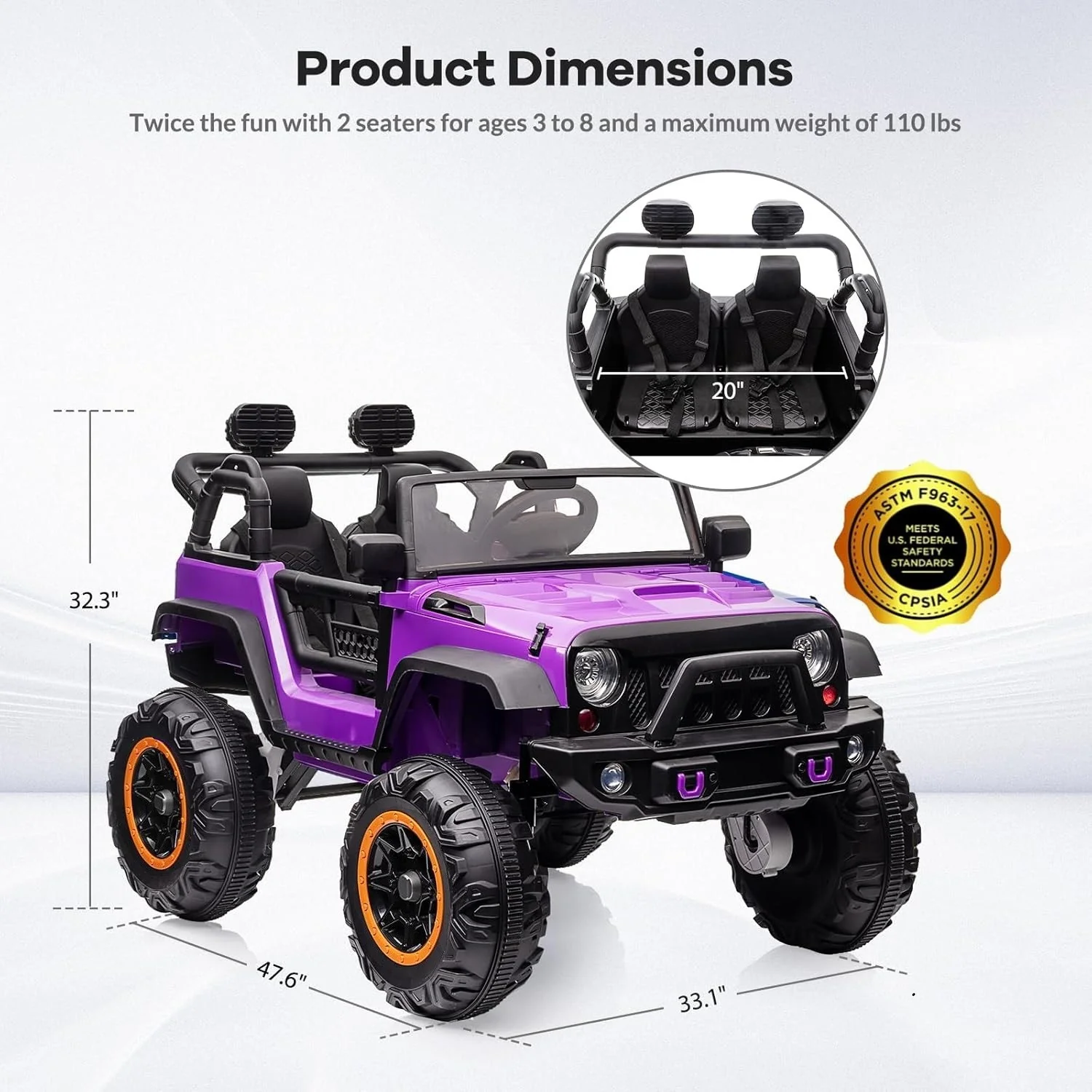 24V 2-Seater Kids Electric 4WD Jeep Truck Ride-On Toy with Remote Control Purple - Image 2