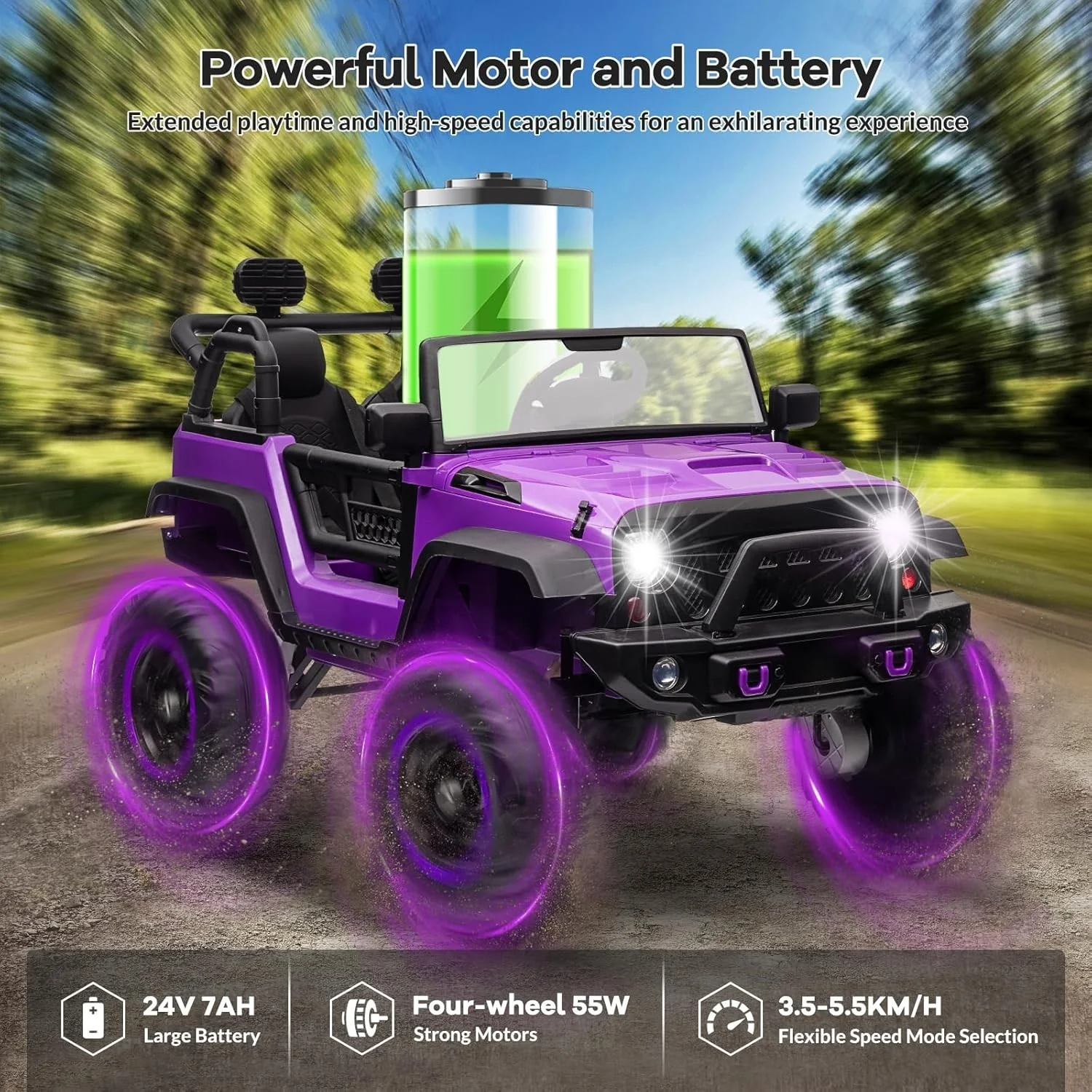 24V 2-Seater Kids Electric 4WD Jeep Truck Ride-On Toy with Remote Control Purple - Image 5