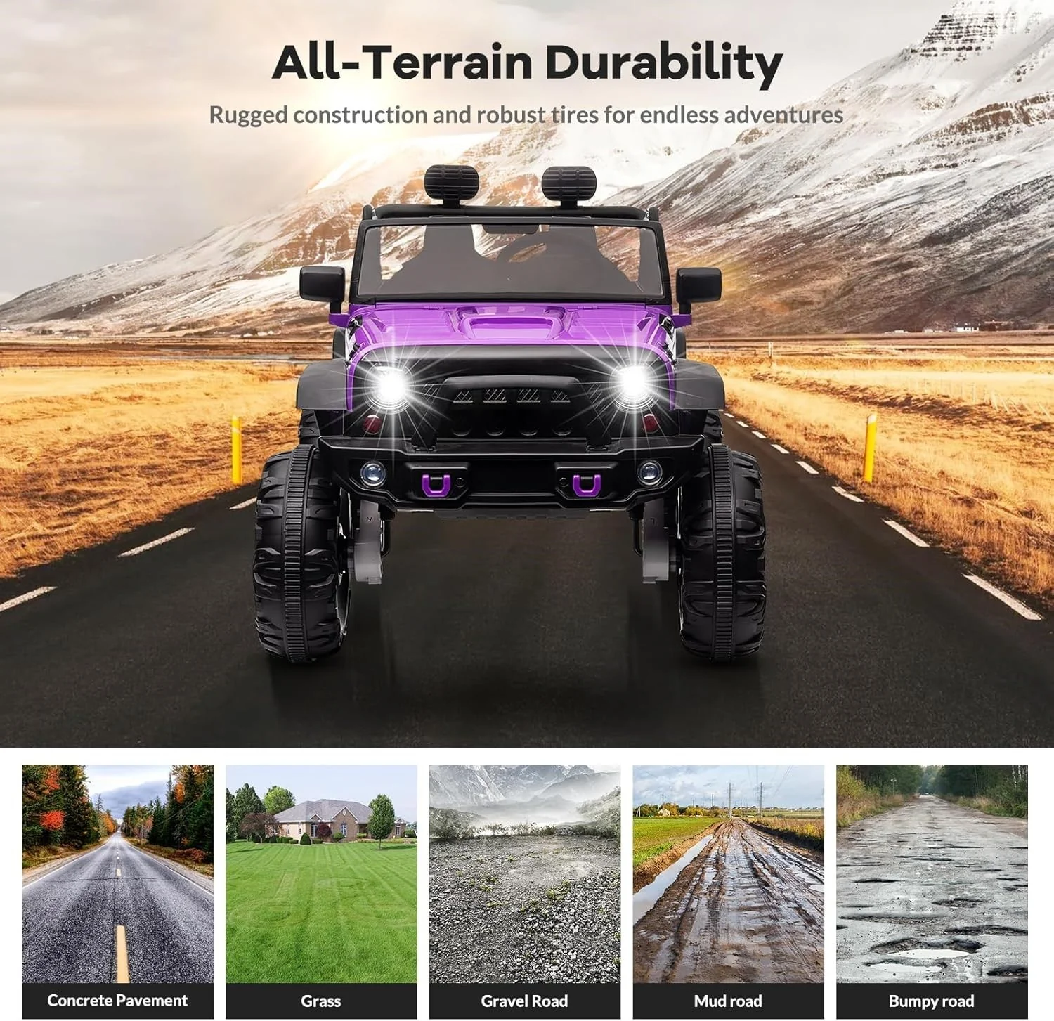 24V 2-Seater Kids Electric 4WD Jeep Truck Ride-On Toy with Remote Control Purple - Image 6