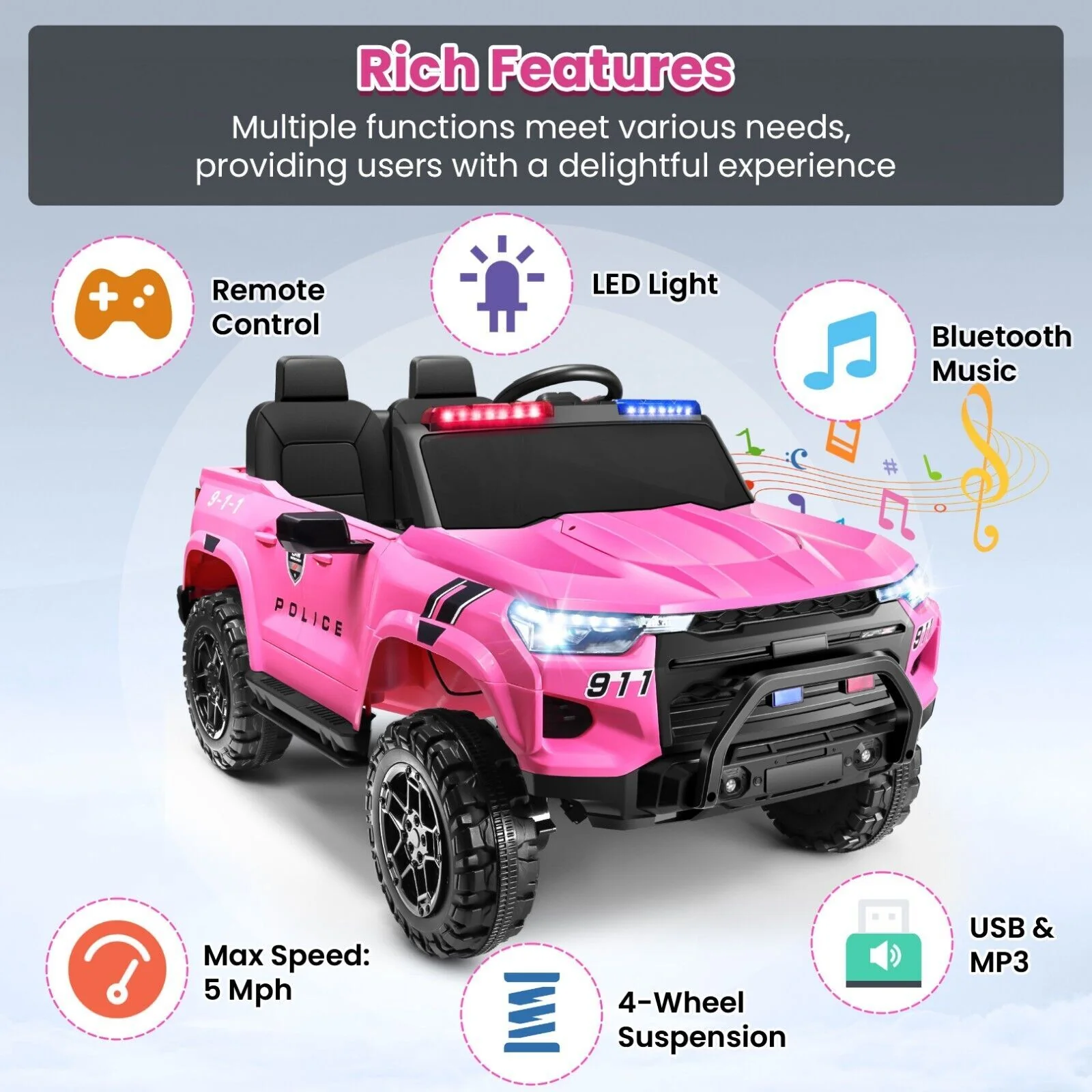 24V Battery-Powered 2-Seater Kids Electric Police Ride-On Car Toy - Image 3
