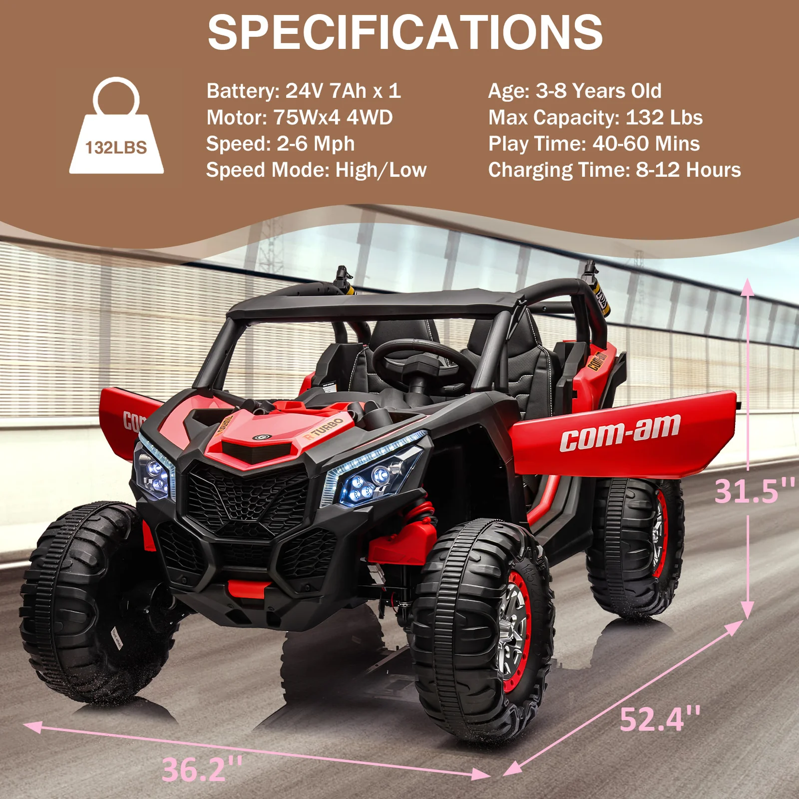 24V 2-Seater Kids Electric Ride-On UTV Car with Remote Control - Image 5