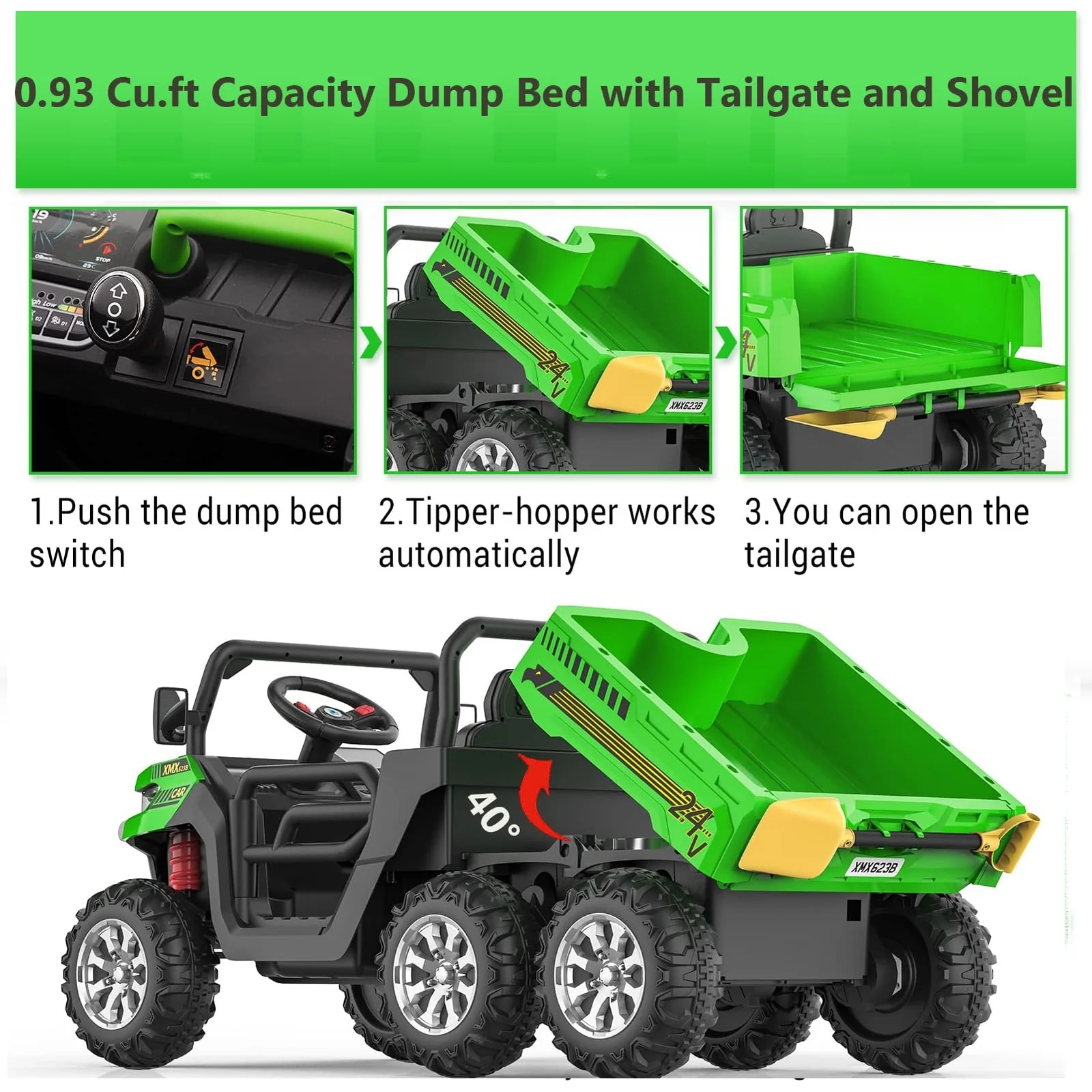 24V 2-Seater Electric Ride-On Dump Truck UTV with 6-Wheel Dump Bed Toy - Image 3