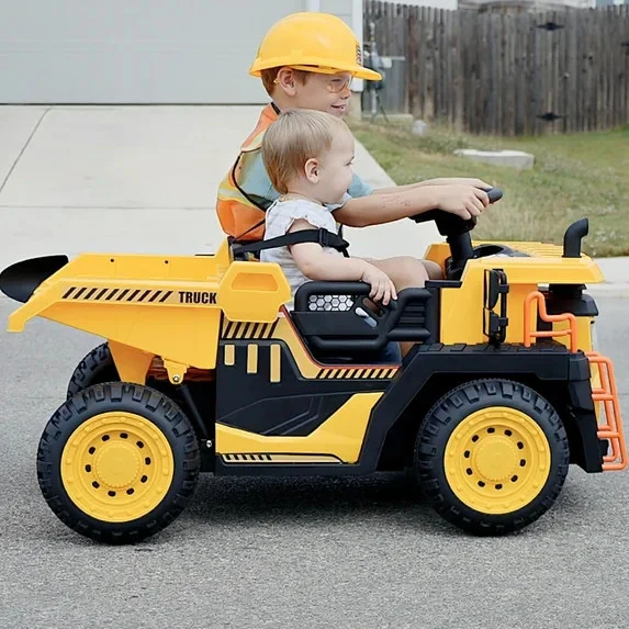 24V 2-Seater Ride-On Dump Truck with Remote Control, Lights, Music, and Trailer – Yellow - Image 2