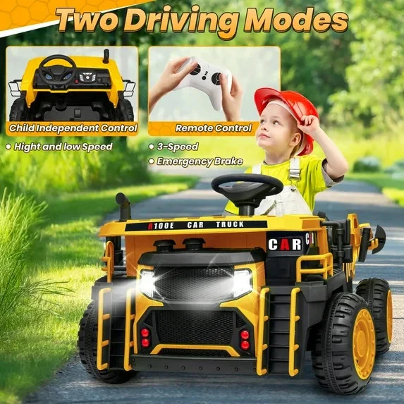 24V 2-Seater Ride-On Dump Truck with Remote Control, Lights, Music, and Trailer – Yellow - Image 4