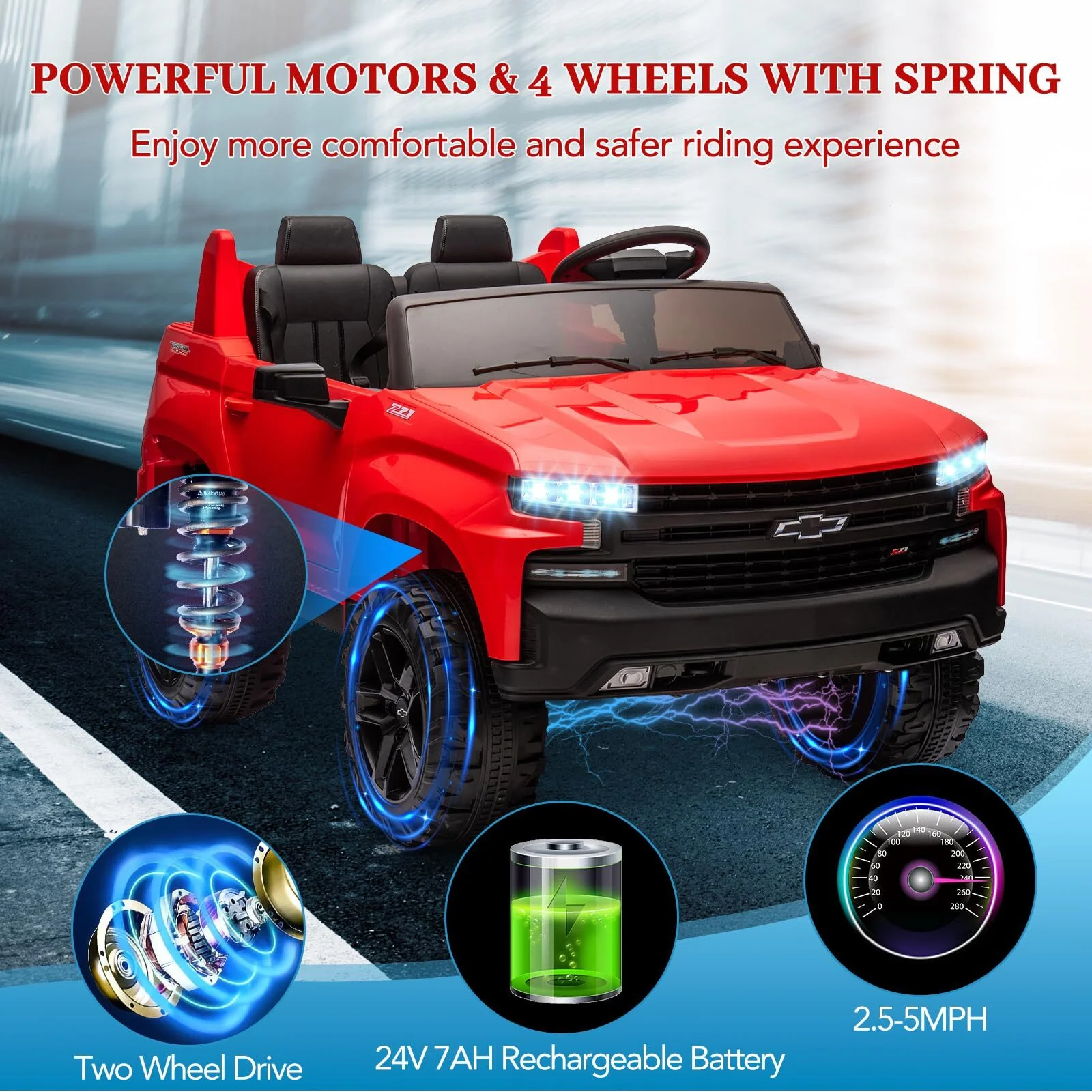 24V 2-Seater Licensed Chevrolet Silverado Ride-On Truck Toy with 3 Speeds and Music - Image 5