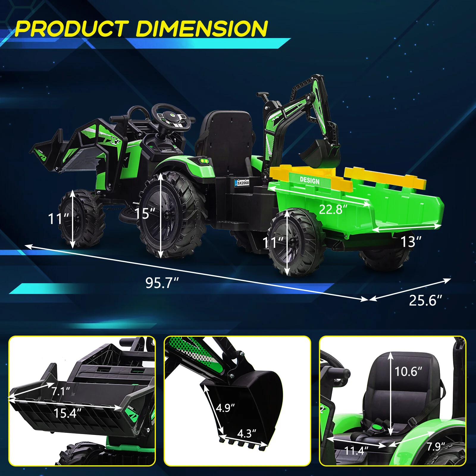24V 3-in-1 Kids Electric Ride-On Tractor, Excavator, and Bulldozer Vehicle with Trailer - Image 3