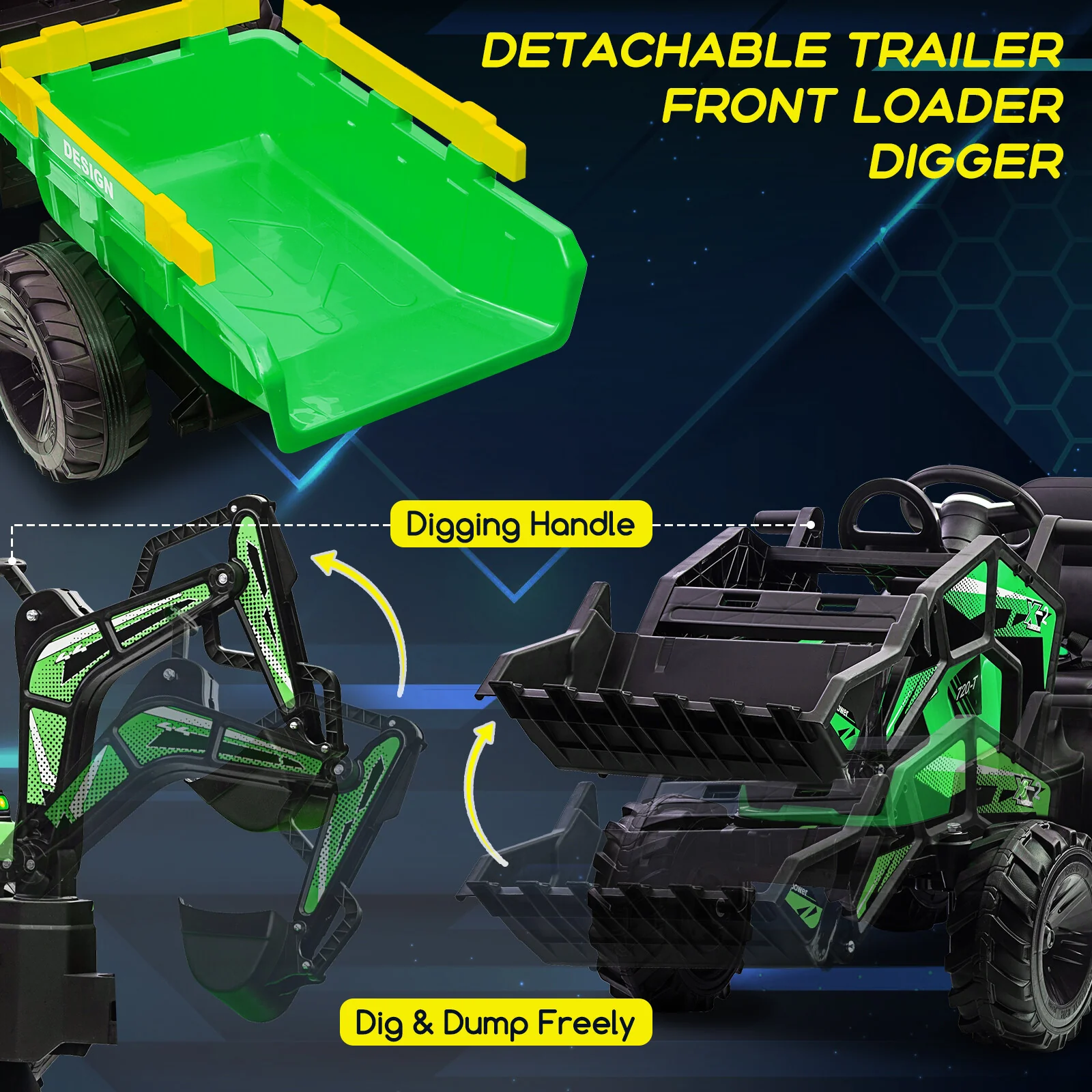 24V 3-in-1 Kids Electric Ride-On Tractor, Excavator, and Bulldozer Vehicle with Trailer - Image 5
