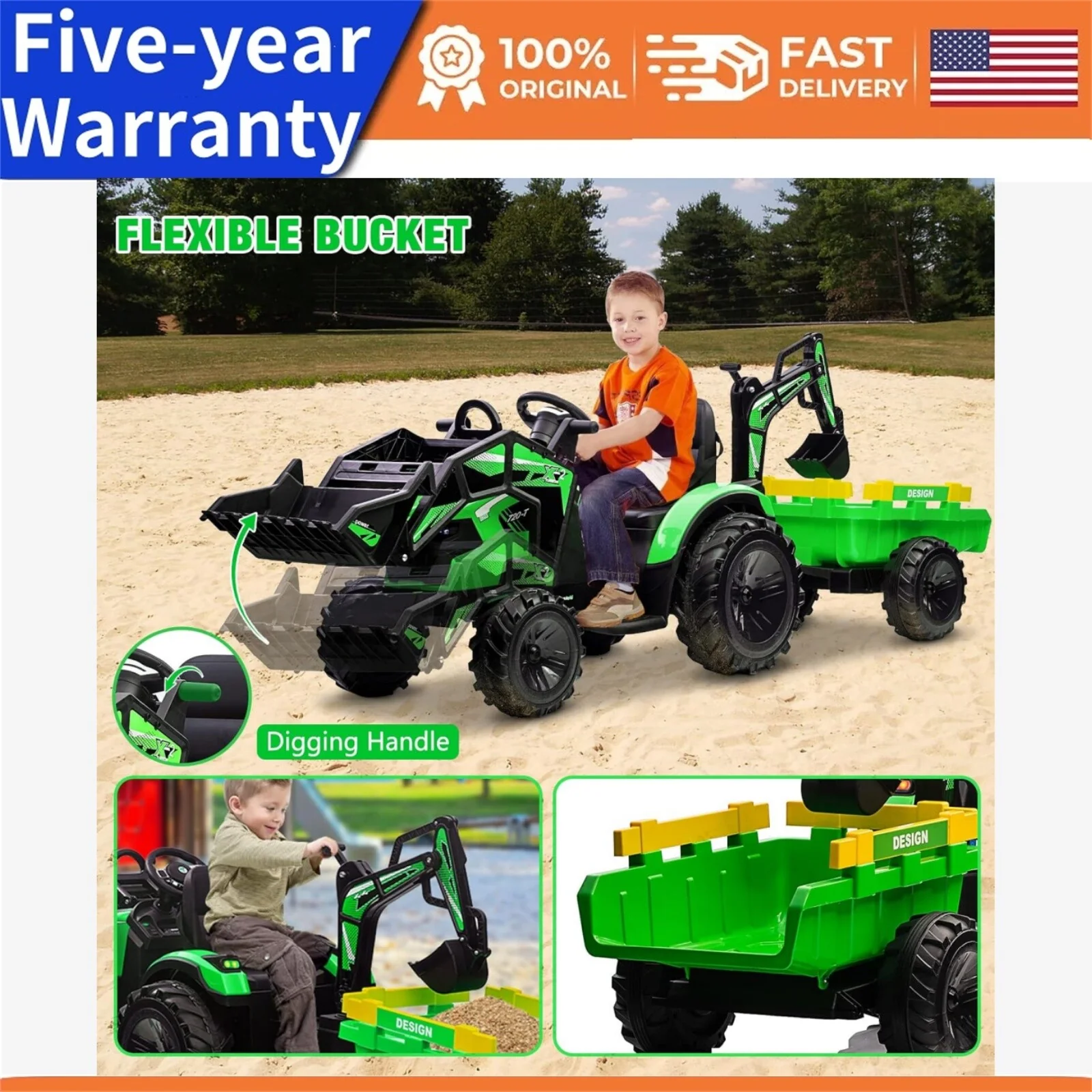 24V 3-in-1 Kids Electric Ride-On Tractor Excavator Bulldozer with Trailer