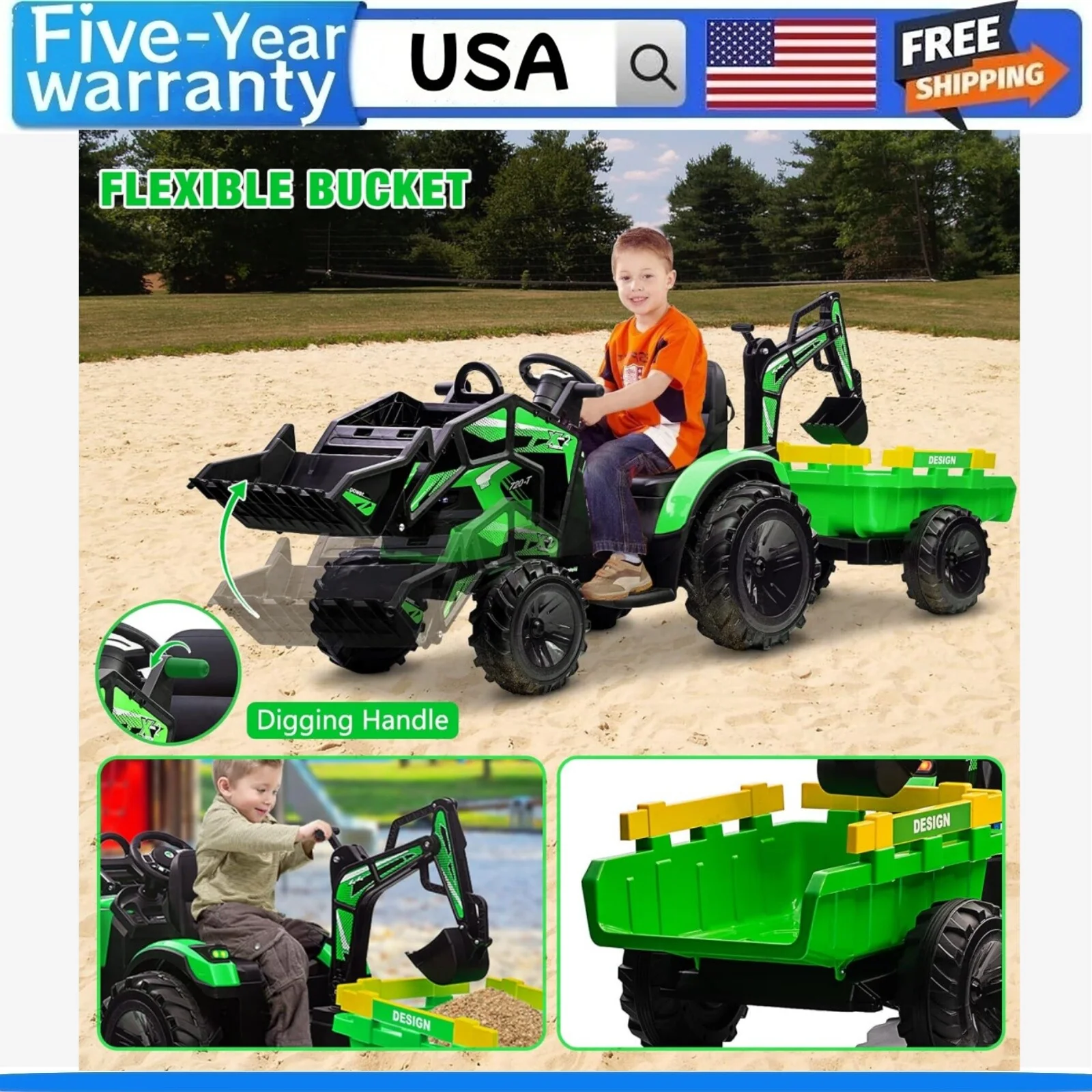 24V 3-in-1 Kids Ride-On Tractor with Remote Control, EVA Tires, LED Lights, Music, and USB Port - Image 10