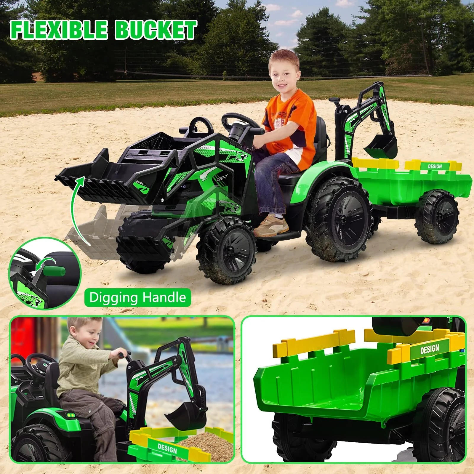 24V 3-in-1 Kids Ride-On Tractor with Remote Control, EVA Tires, LED Lights, Music, and USB Port - Image 5