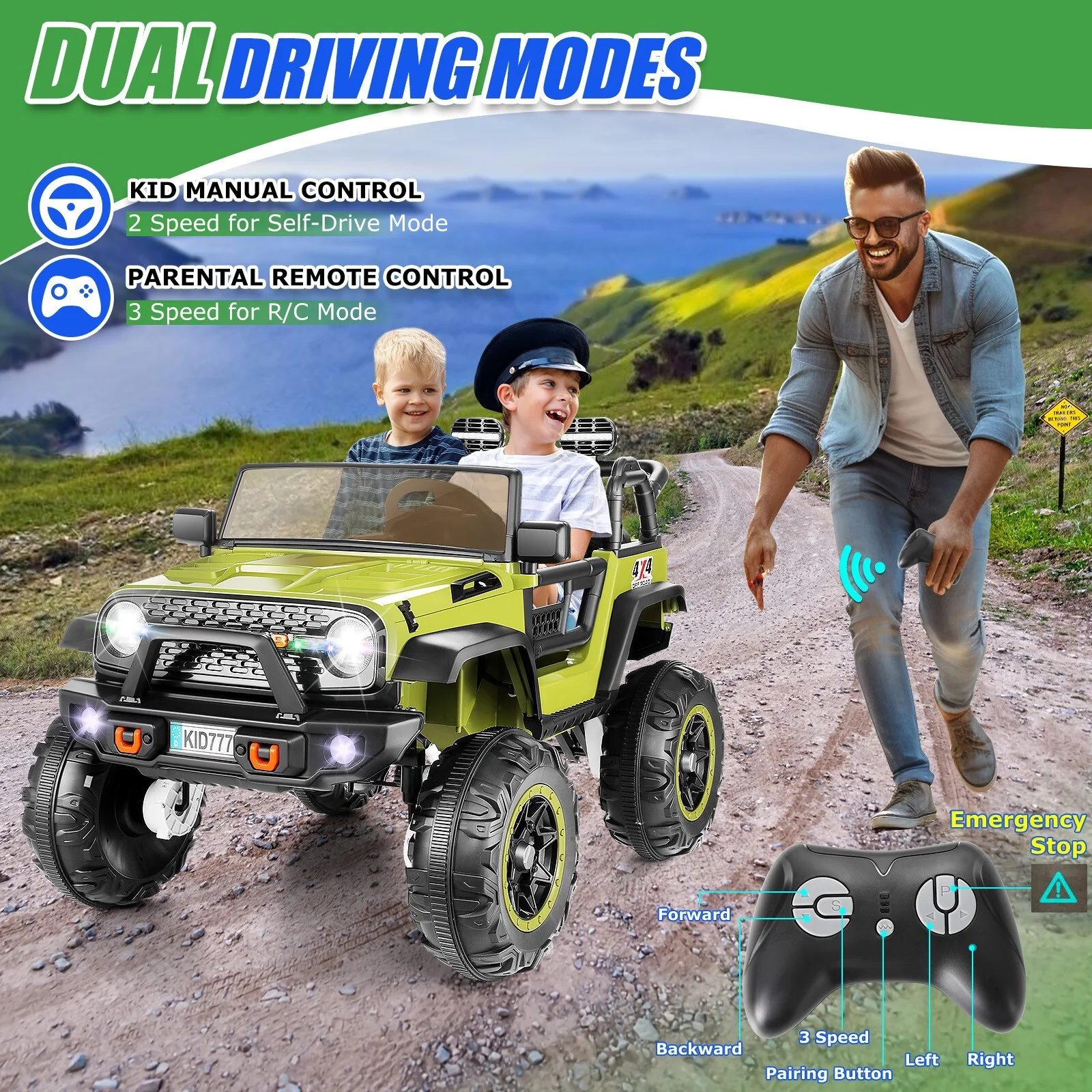 24V Switchable 4WD/2WD Electric Ride-On Truck for Kids 2-Seater Vehicle