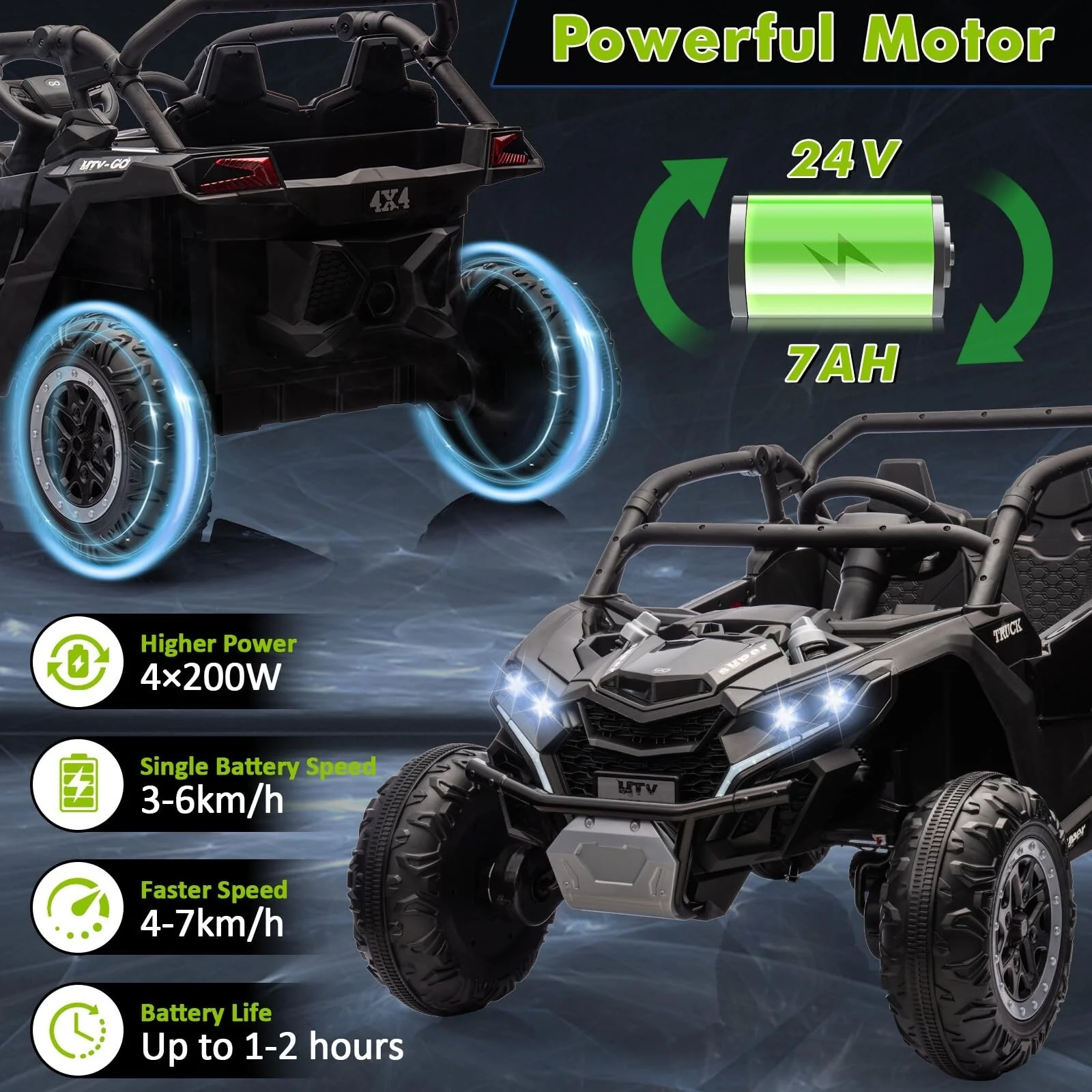24V 4WD Ride-On UTV Car with Remote Control 2-Seater Kids Powered Off-Road Toy - Image 13